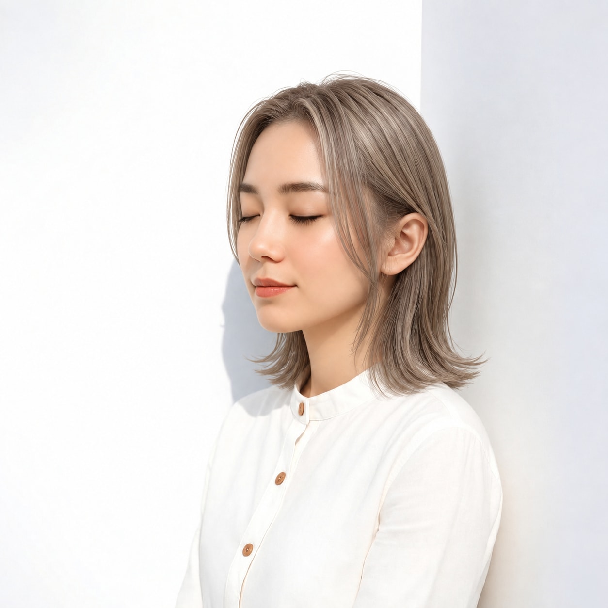 5. 外ハネミディアム × 前髪なし × 重めシルエット：軽い段があっても先端が薄くなりすぎず、まとまりが保てます