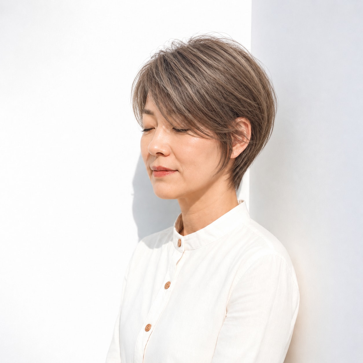 5. 斜めに流す長め前髪 × アッシュ系ショート：柔らかな余白をつくる