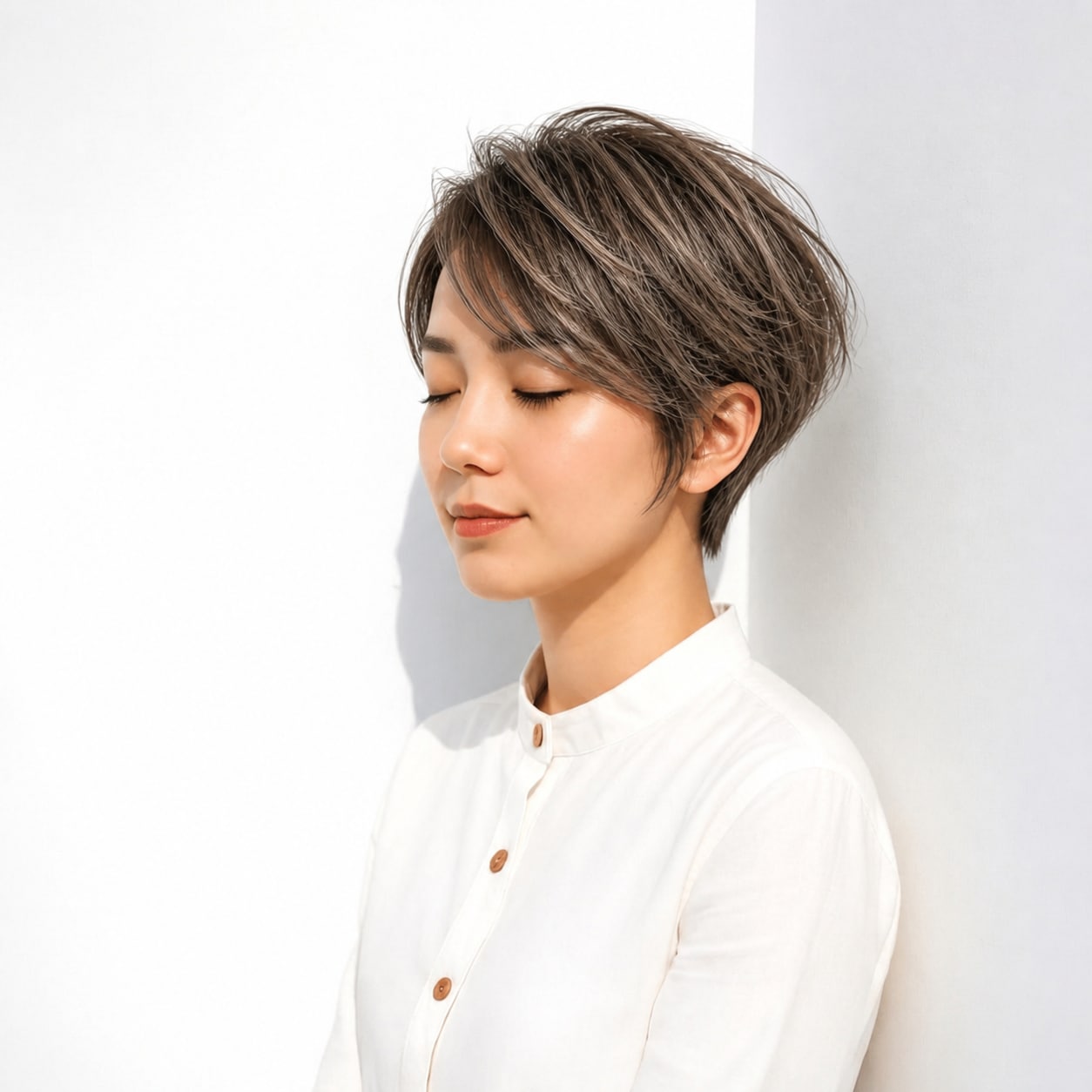 5. 白髪ぼかしハイライト × マッシュショート：細いシルバーが短い髪を立体的に見せる