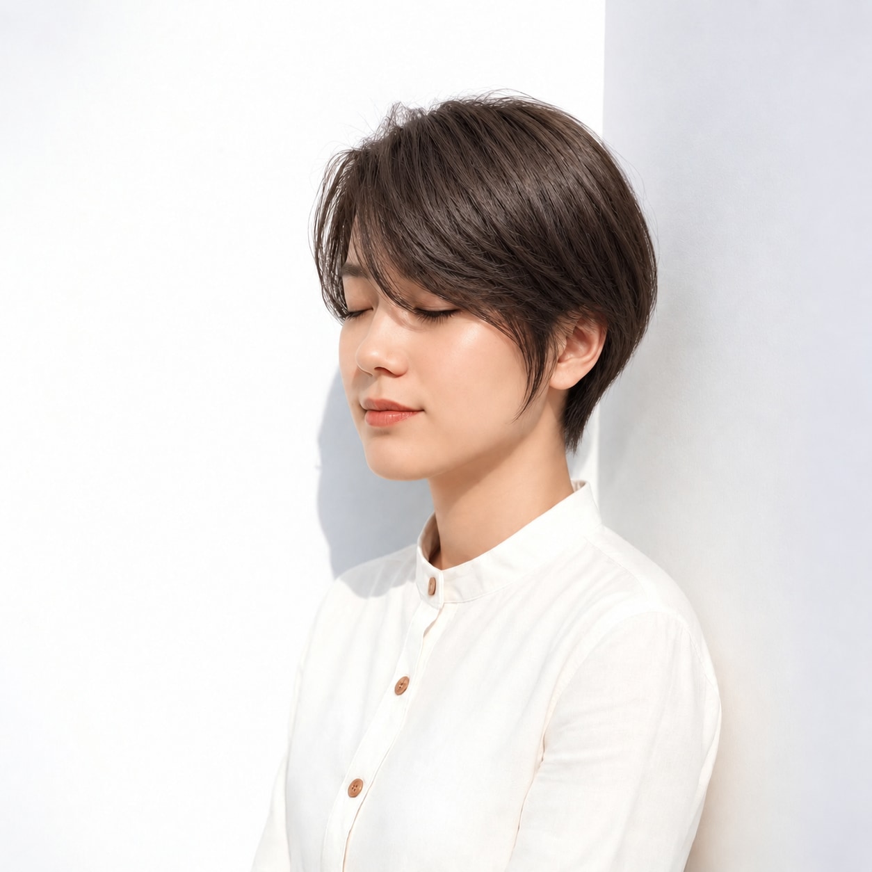 5. 長め前髪ショート × ダークブラウン：頬へ沿う髪で穏やかに