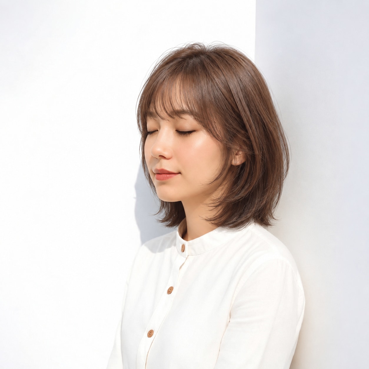 5. 顔まわりレイヤー × ボブ × くびれヘア：肩まわりに余白ができ、横顔のシルエットが引き締まります