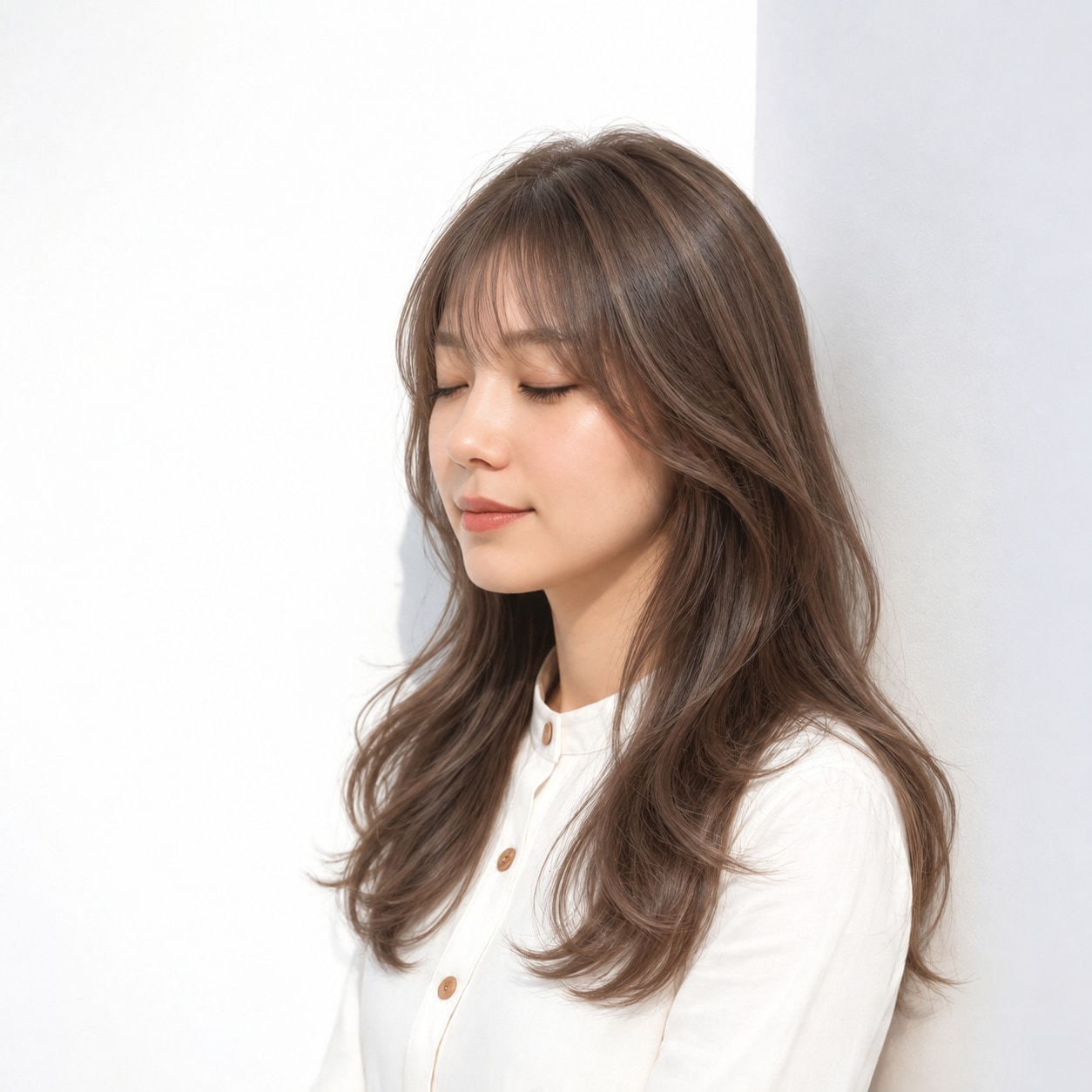 5. 顔まわりレイヤー × ロング × あごへ流れるサイドの毛束：顔まわりに斜めの線が入り、輪郭を自然に包めます