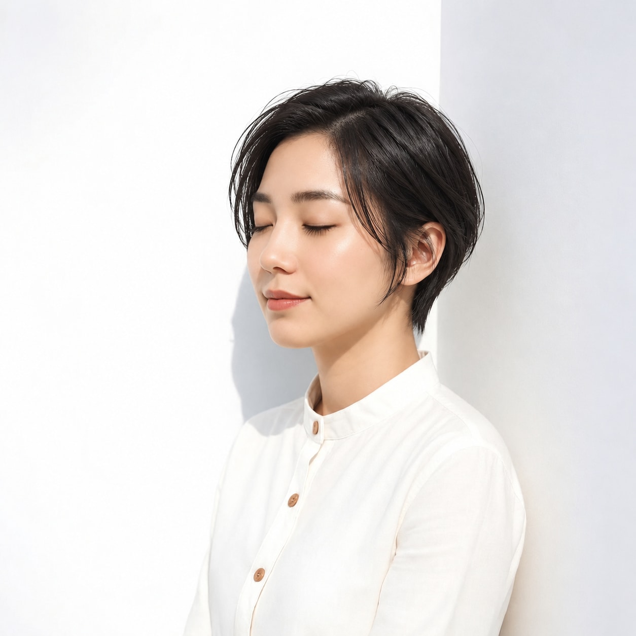 4. 黒髪ショート × かき上げ前髪：根元の立ち上がりが大人っぽさを引き出す