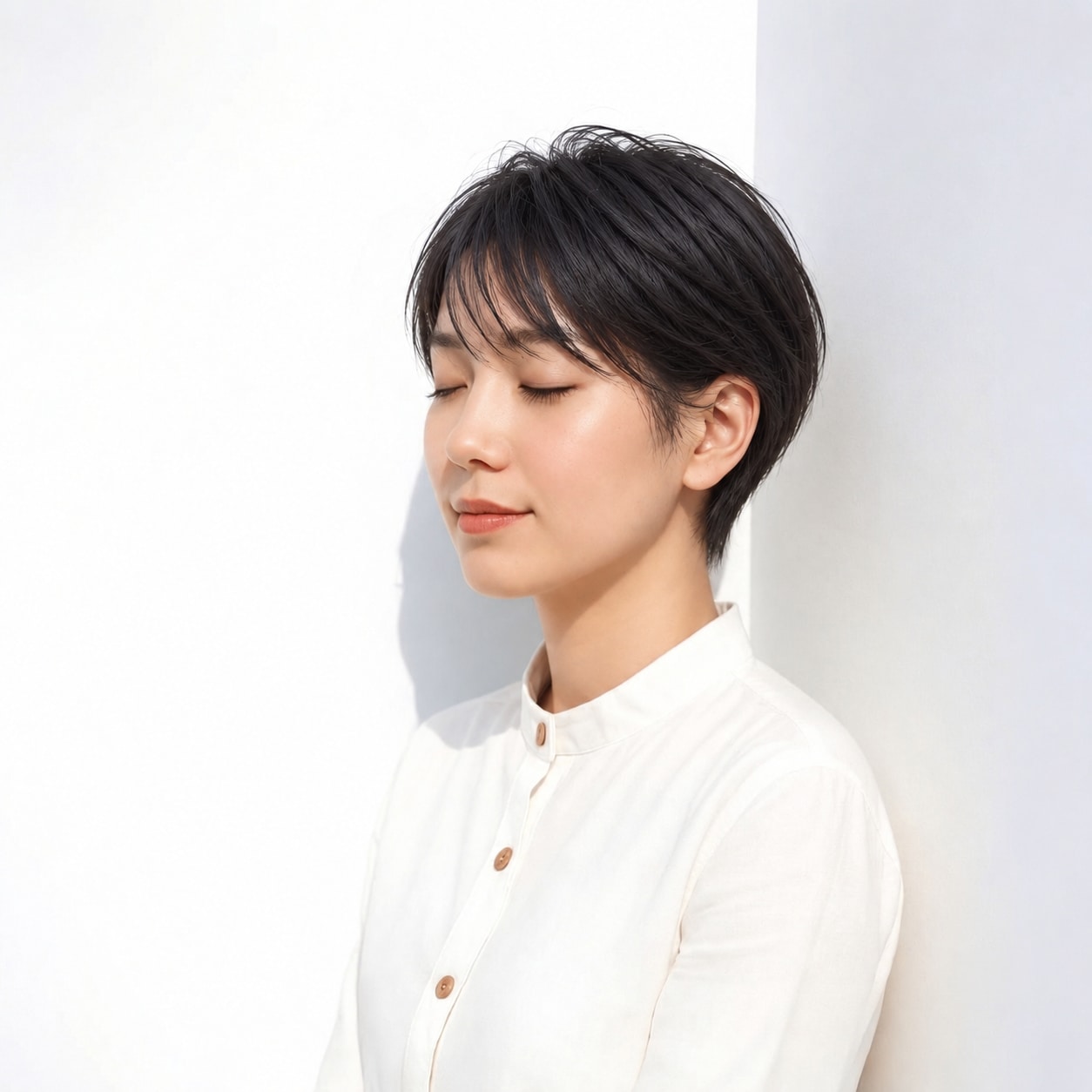 4. 黒髪ハンサムショート × 斜め前髪：斜め前髪の流れが短い髪にやわらかさを添える