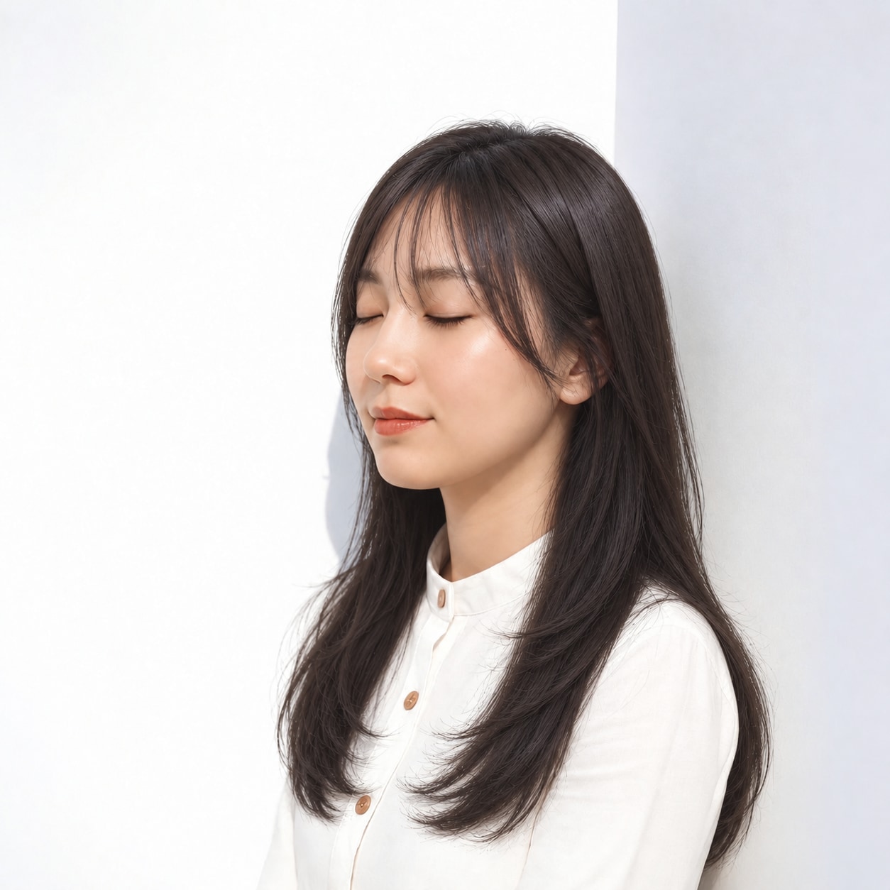 5. 黒髪レイヤーロング：縦に流れる髪で甘さを控えめに
