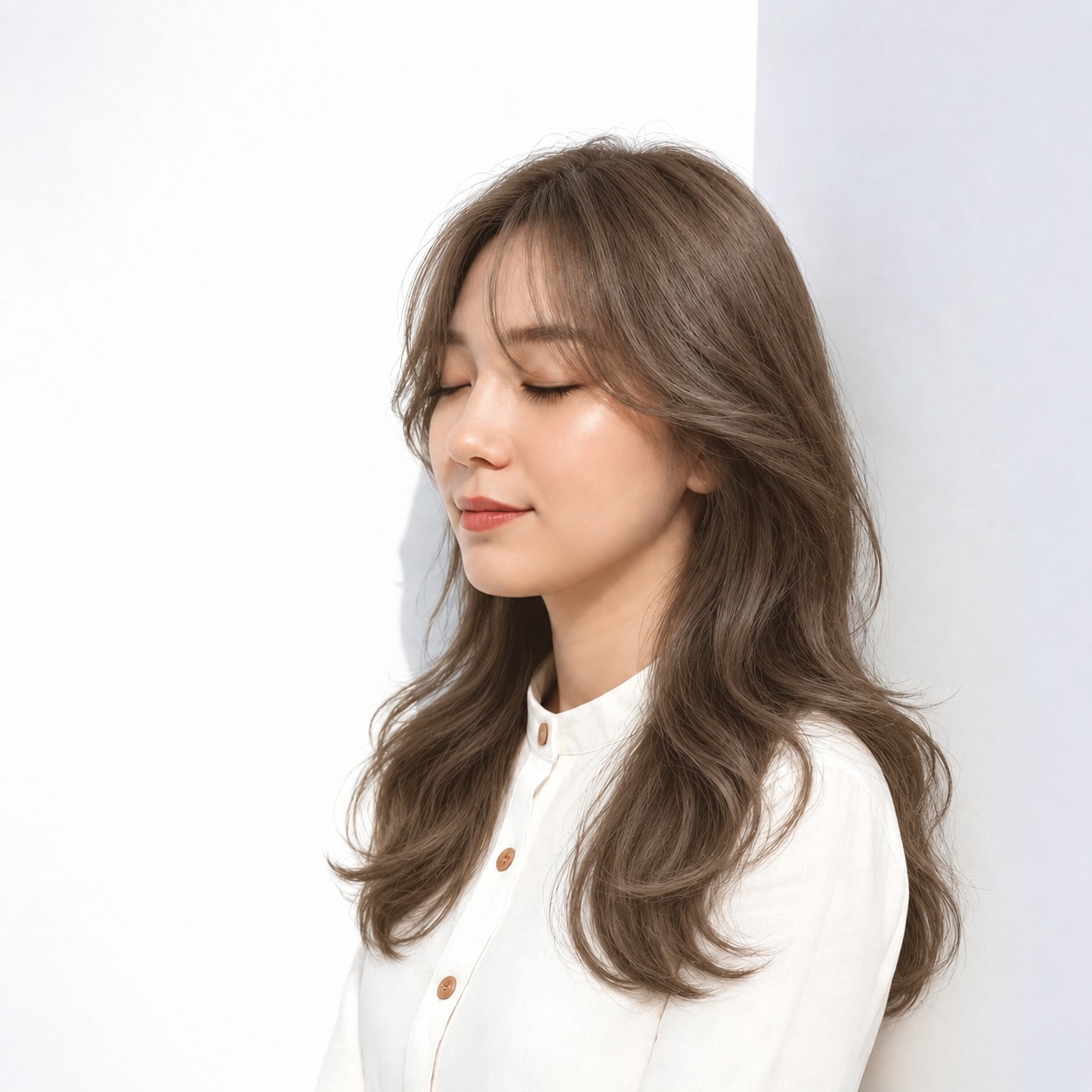 5. S字バング × ゆる巻きロング：流れる曲線で優雅な雰囲気を楽しむ