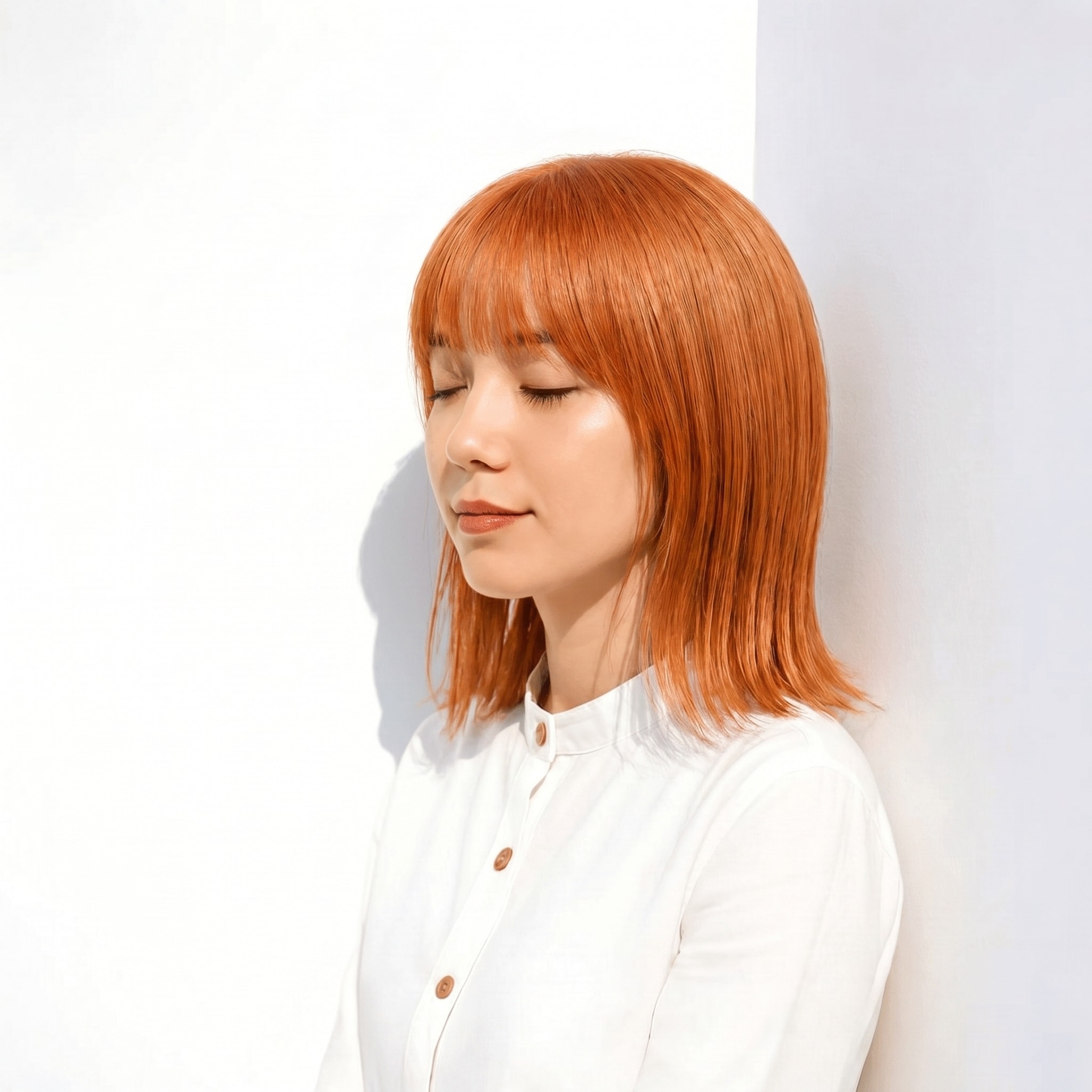 50. オレンジベージュ×フルバング: 肩ラインのストレートに軽快な動きをプラス