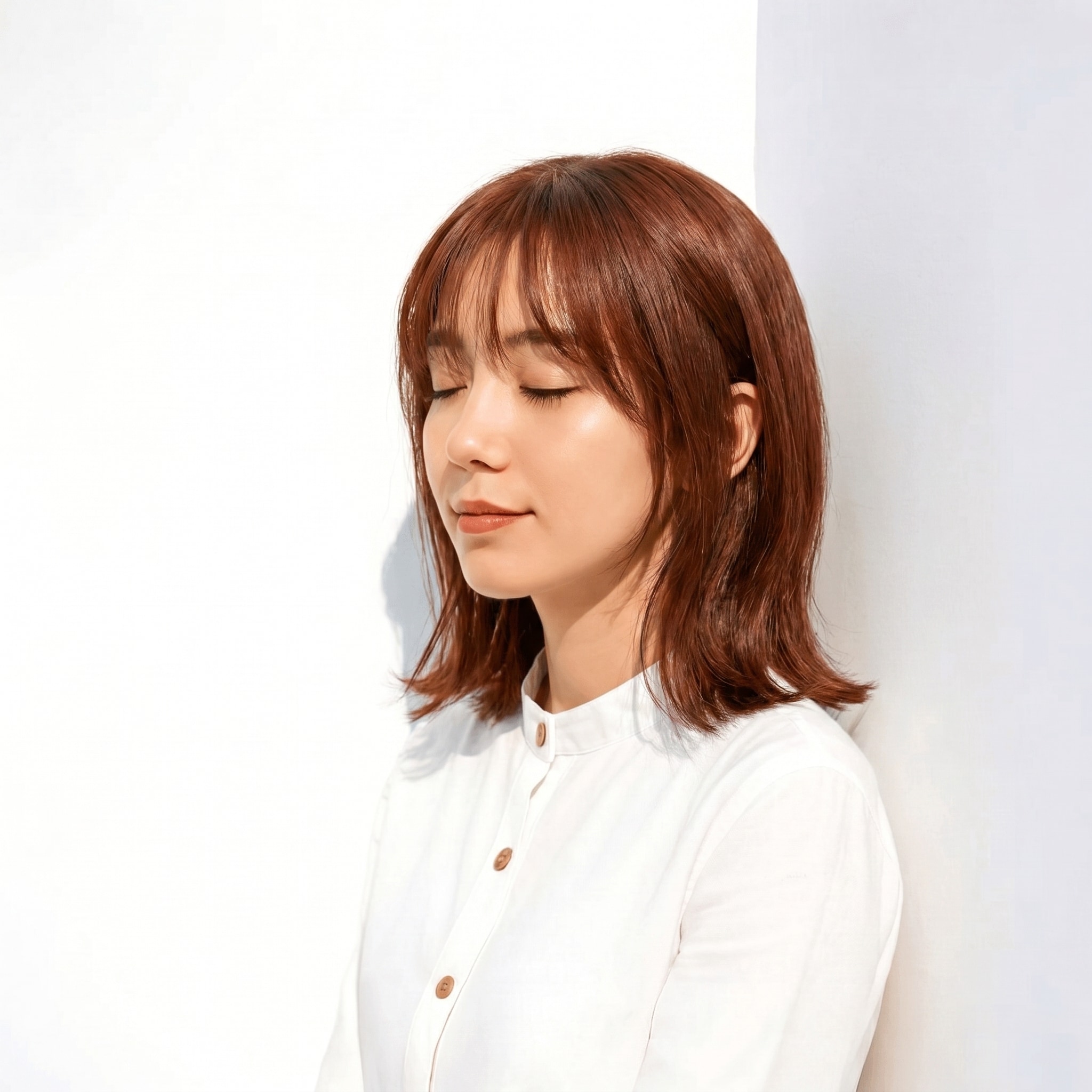 51. オレンジベージュ×ミディアムレイヤー: 外ハネの動きが映える親しみやすいオレンジベージュ