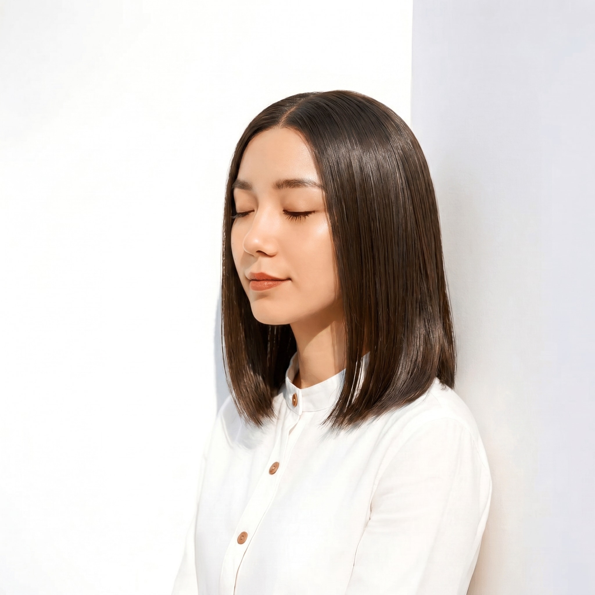 53. カーキベージュ×センター分け: 顔周りを引き締める大人のロブスタイル