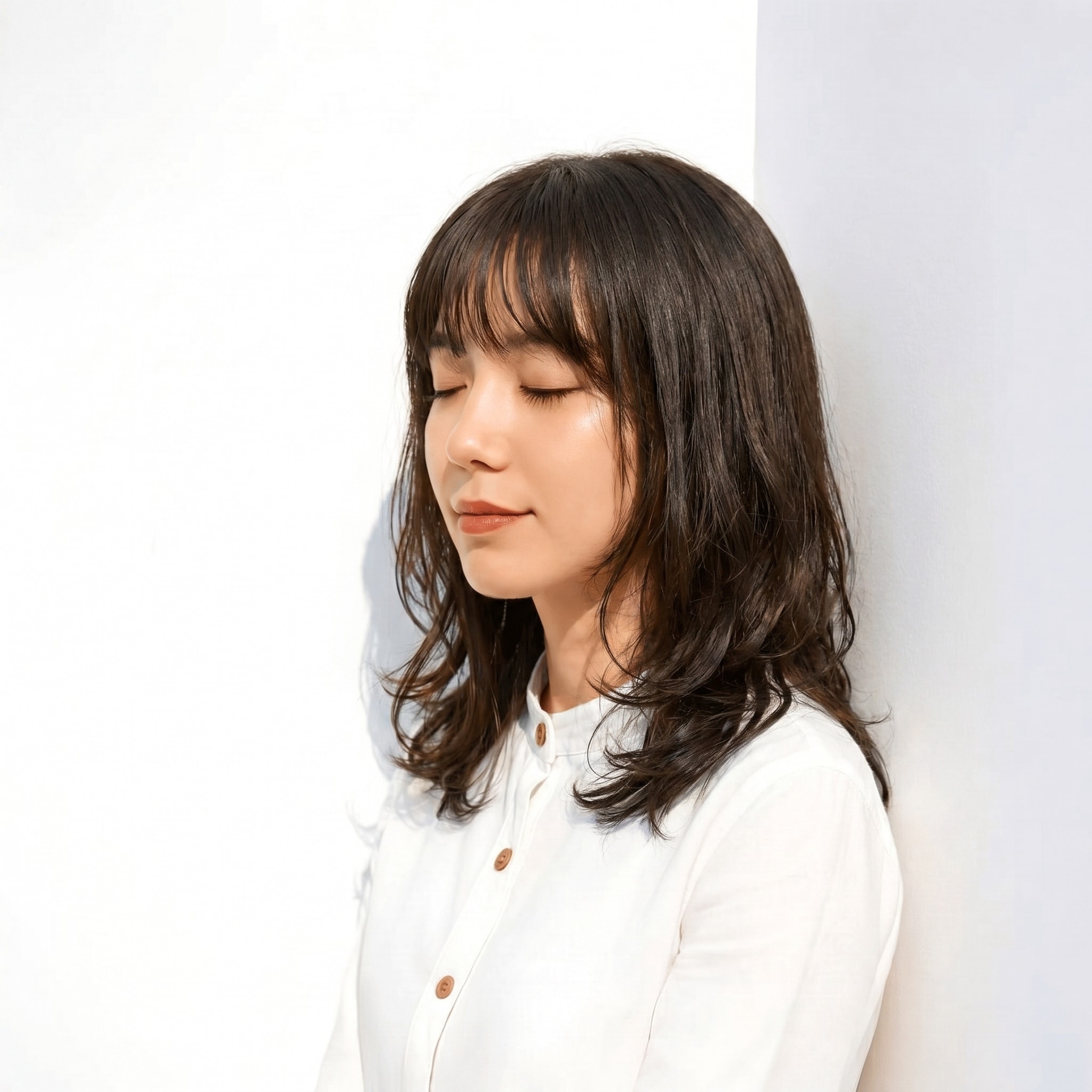 55. カーキベージュ×Sカール: ゆるいカールが軽やかに動く自然なミディアムスタイル