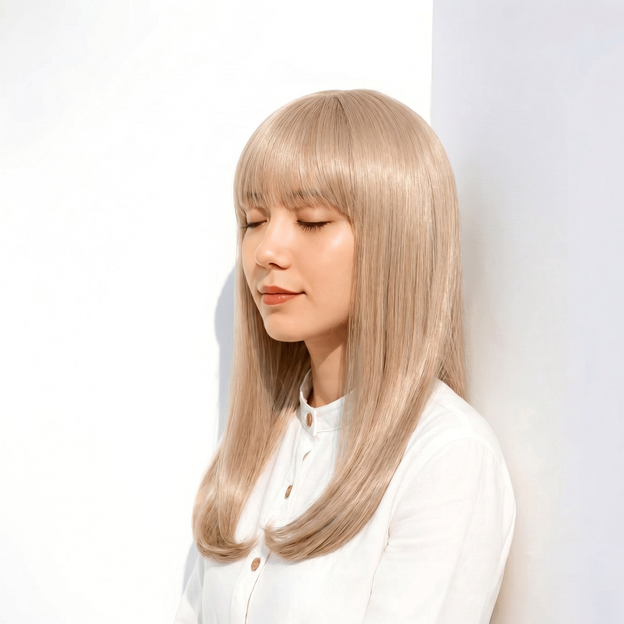 57. ブロンドベージュ×ロングストレート: ミルクティー色で上品なツヤを演出