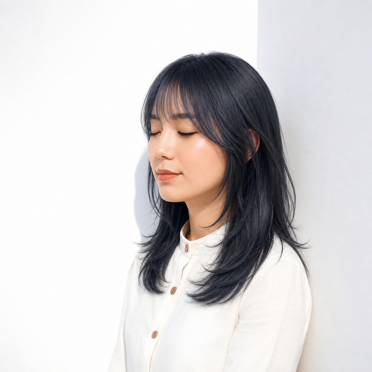 6. くすみブルー×ストレートロング: 暗めブルーで長い髪の赤みを抑える