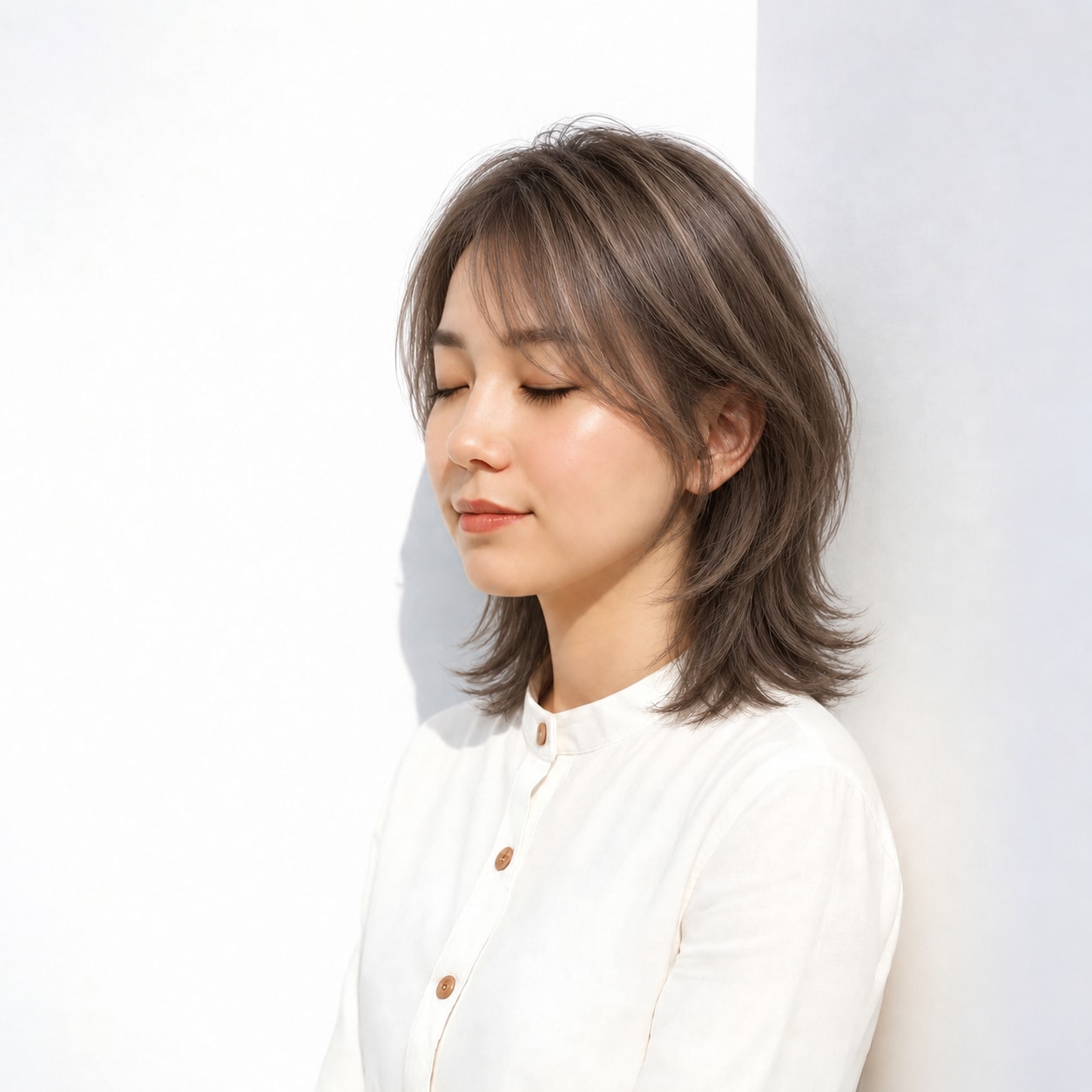 6. くびれミディアム × アッシュブラウン：首元を細くしてすっきり