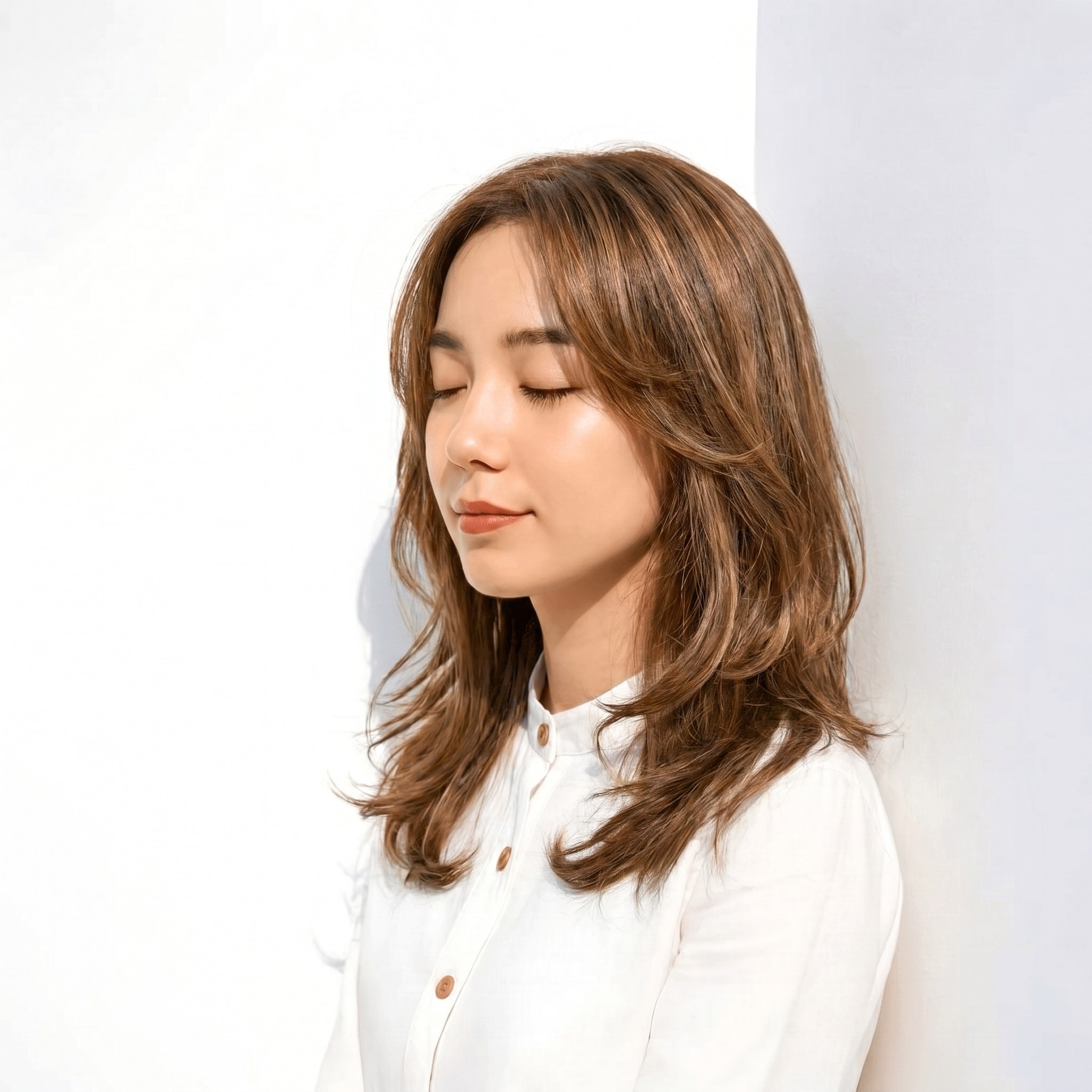 6. アッシュ ベージュ×ミディアムレイヤー: ゆるいS字ウェーブで軽やかに