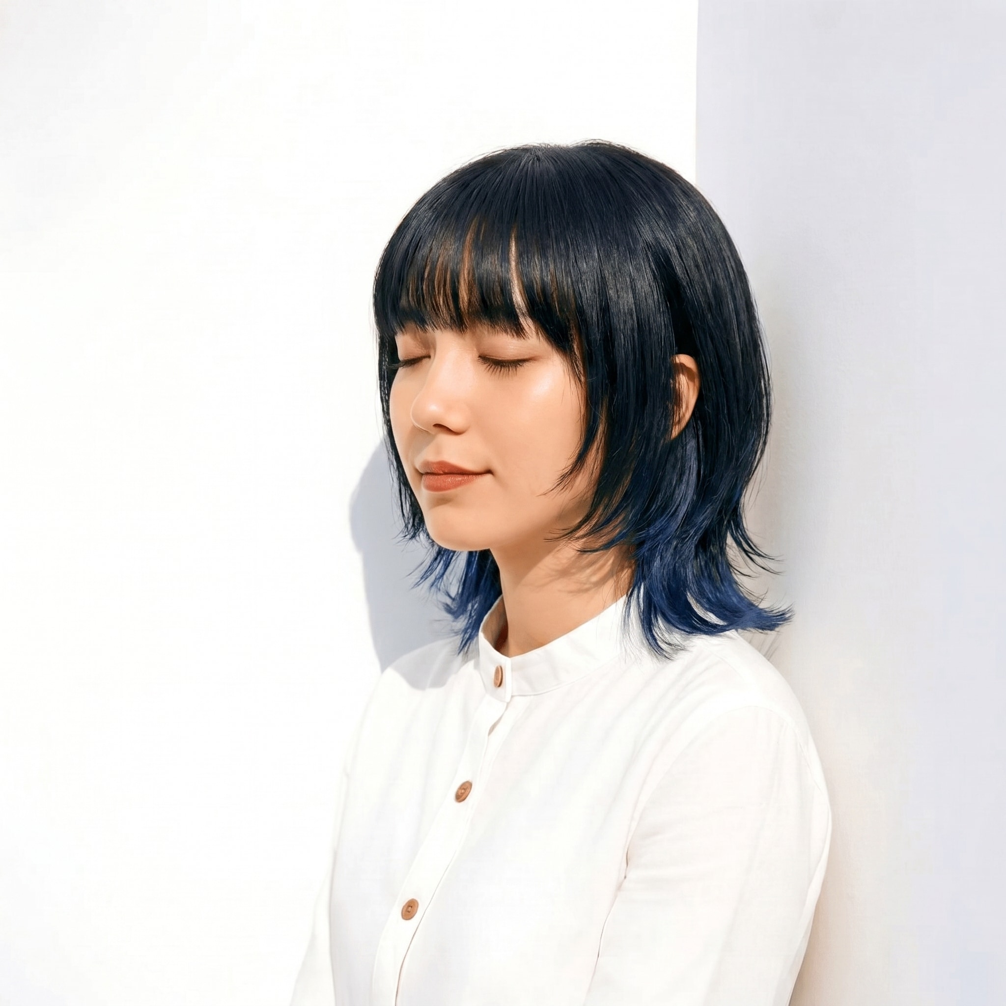6. インナーカラー×さりげない青×ミディアムショート: さりげない青の差し色で、首元まで涼しげな雰囲気に