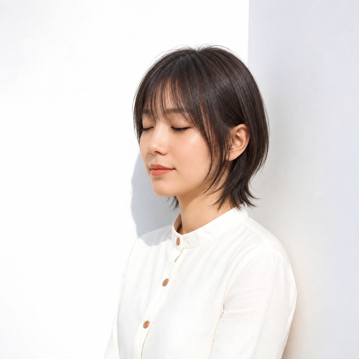 6. ウルフレイヤー × ボブ × あご下レイヤー：顔まわりは落ち着き、首元だけにウルフの動きを出せます