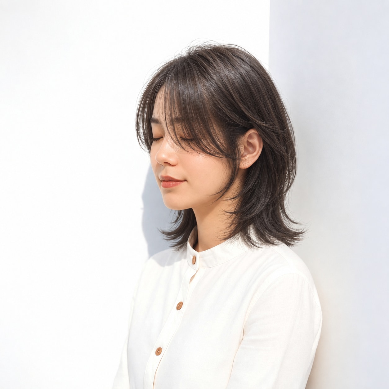 6. ウルフレイヤー × ミディアム × あご下から始まる段差：顔まわりは落ち着き、首元だけにウルフの動きを出せます