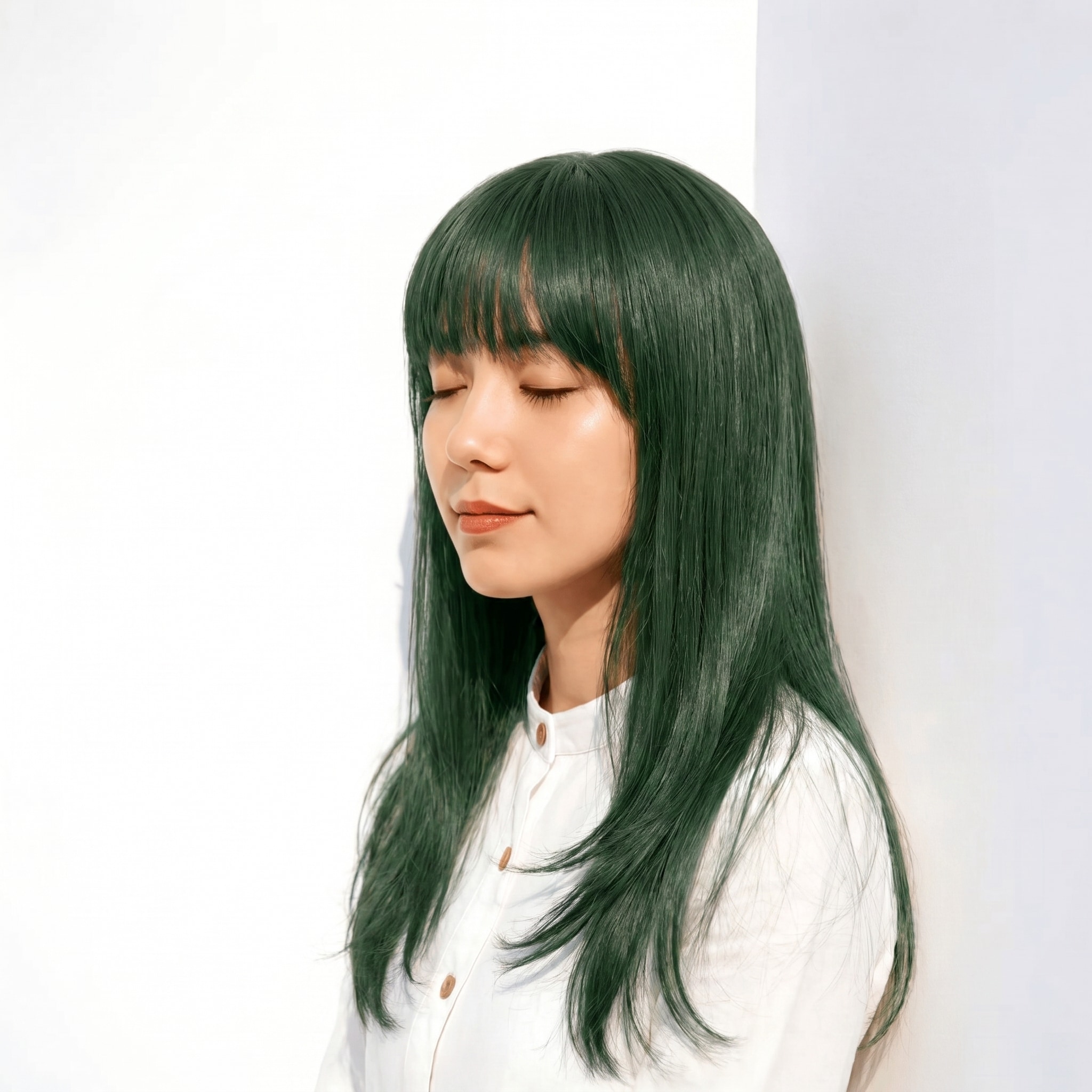 6. オリーブグリーン×ストレートロング: 深みのあるツヤでクールな印象に