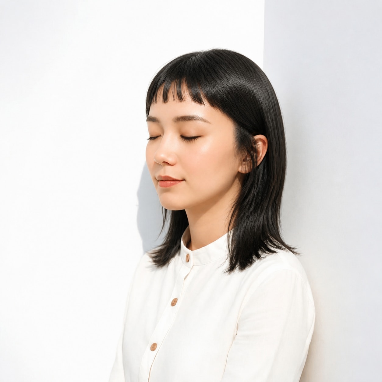 6. オン眉 × 黒髪外ハネ：毛先までシャープに