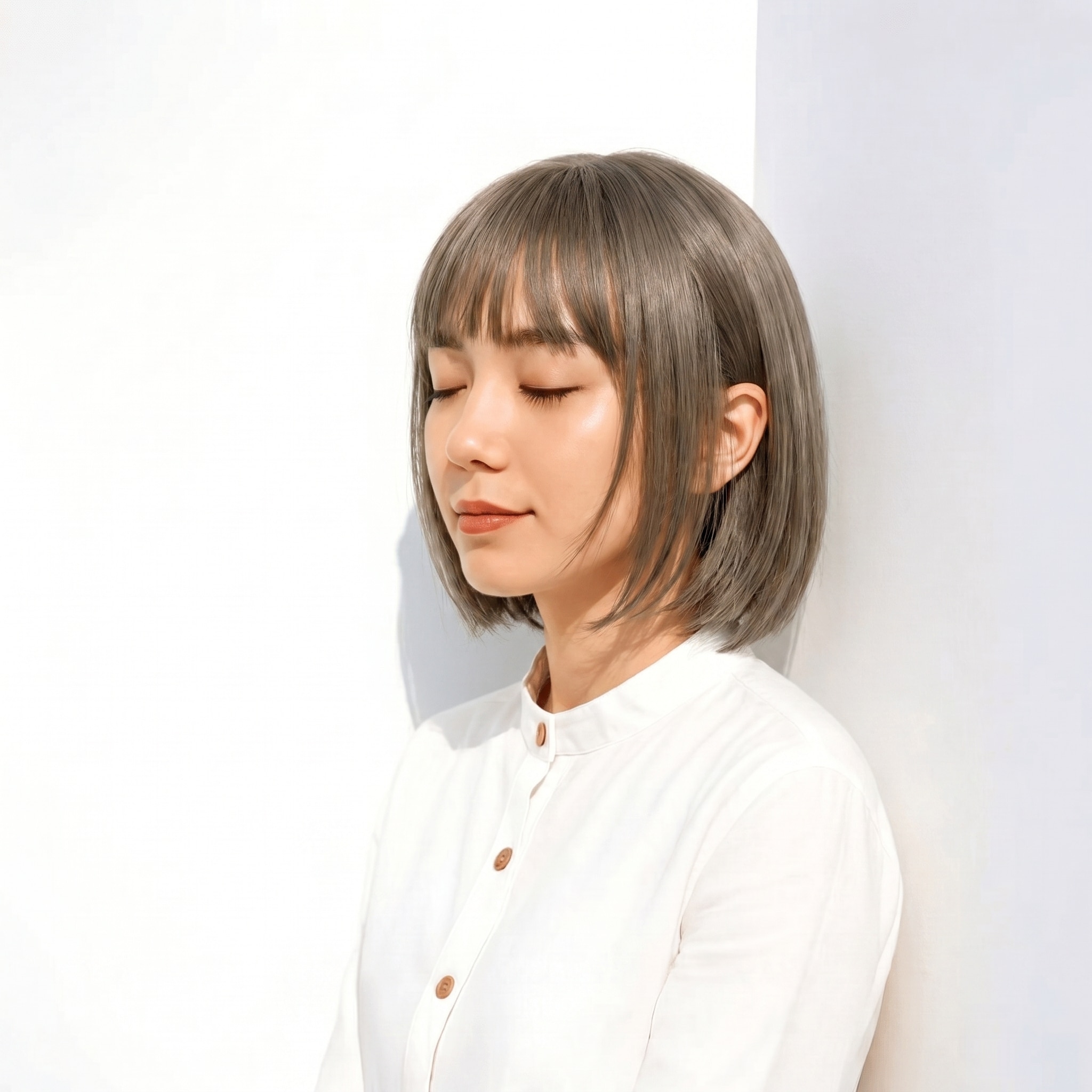 6. カーキアッシュ×コンパクトボブ: スモーキーな緑みで丸みシルエットを上品に引き締める