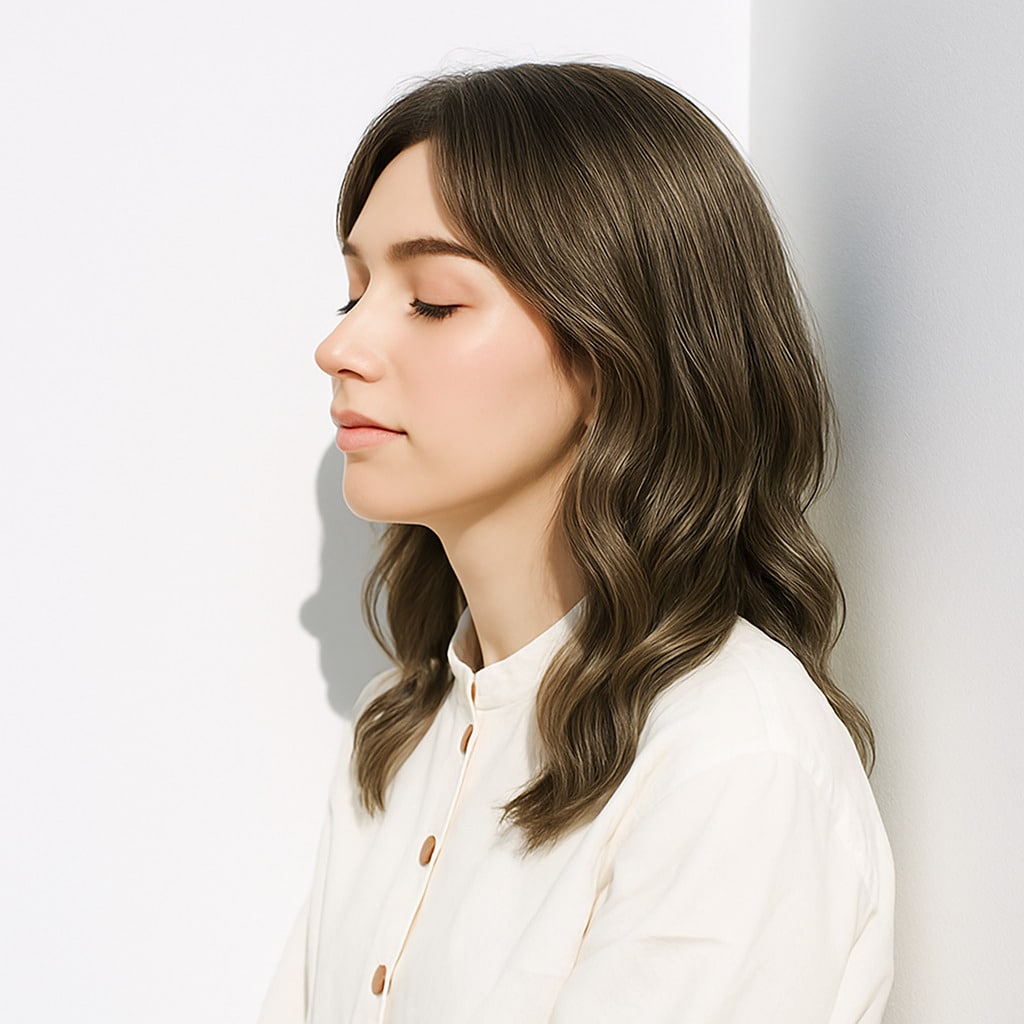 6. カーキベージュ×ブリーチあり：ほんのりマットな質感が優雅さを引き立てるカラー