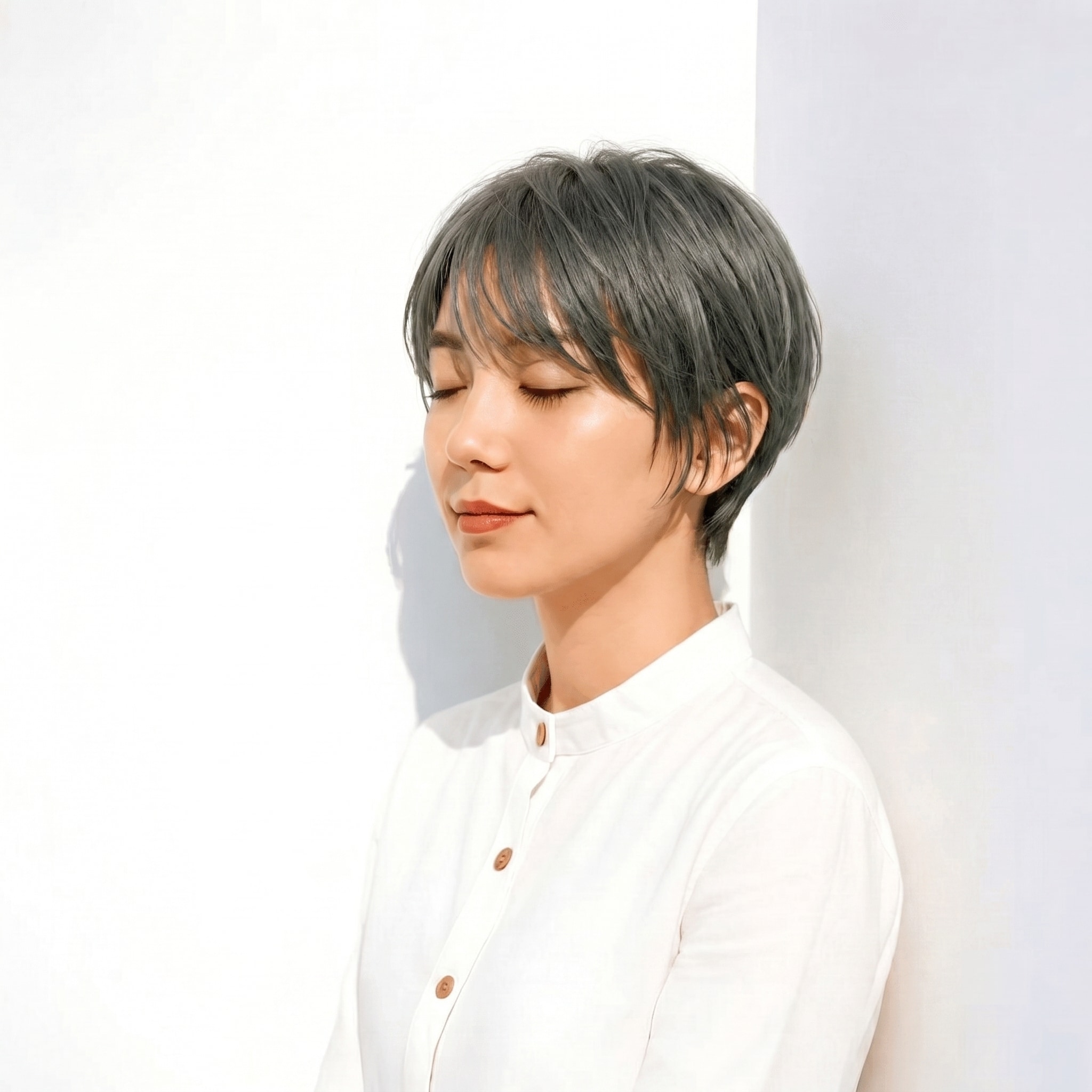 6. グリーンアッシュ×ショートレイヤー: スモーキーなツヤで軽やかに映える