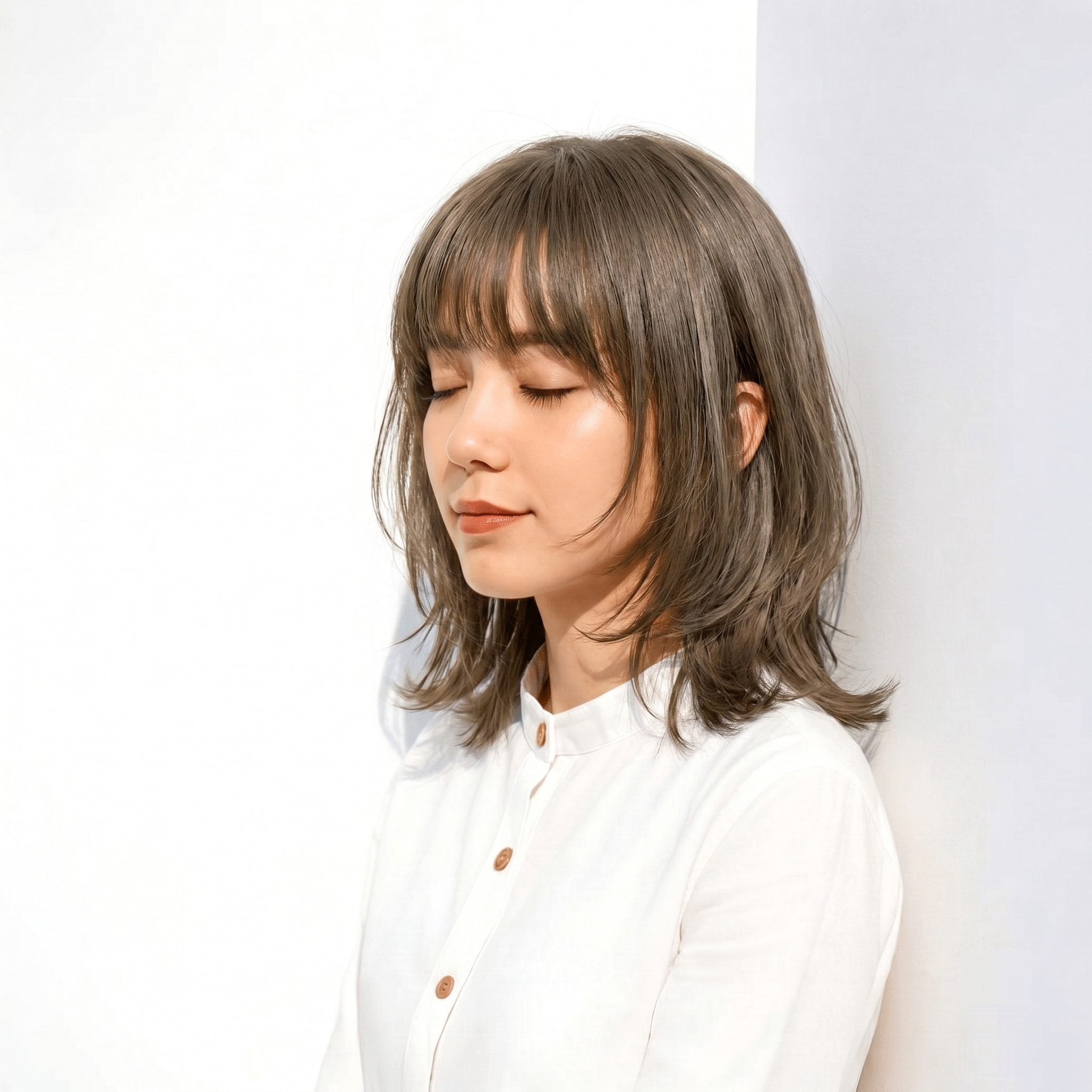 6. グレーベージュ×透明感: 軽やかなレイヤーで動きを引き出すミディアムスタイル