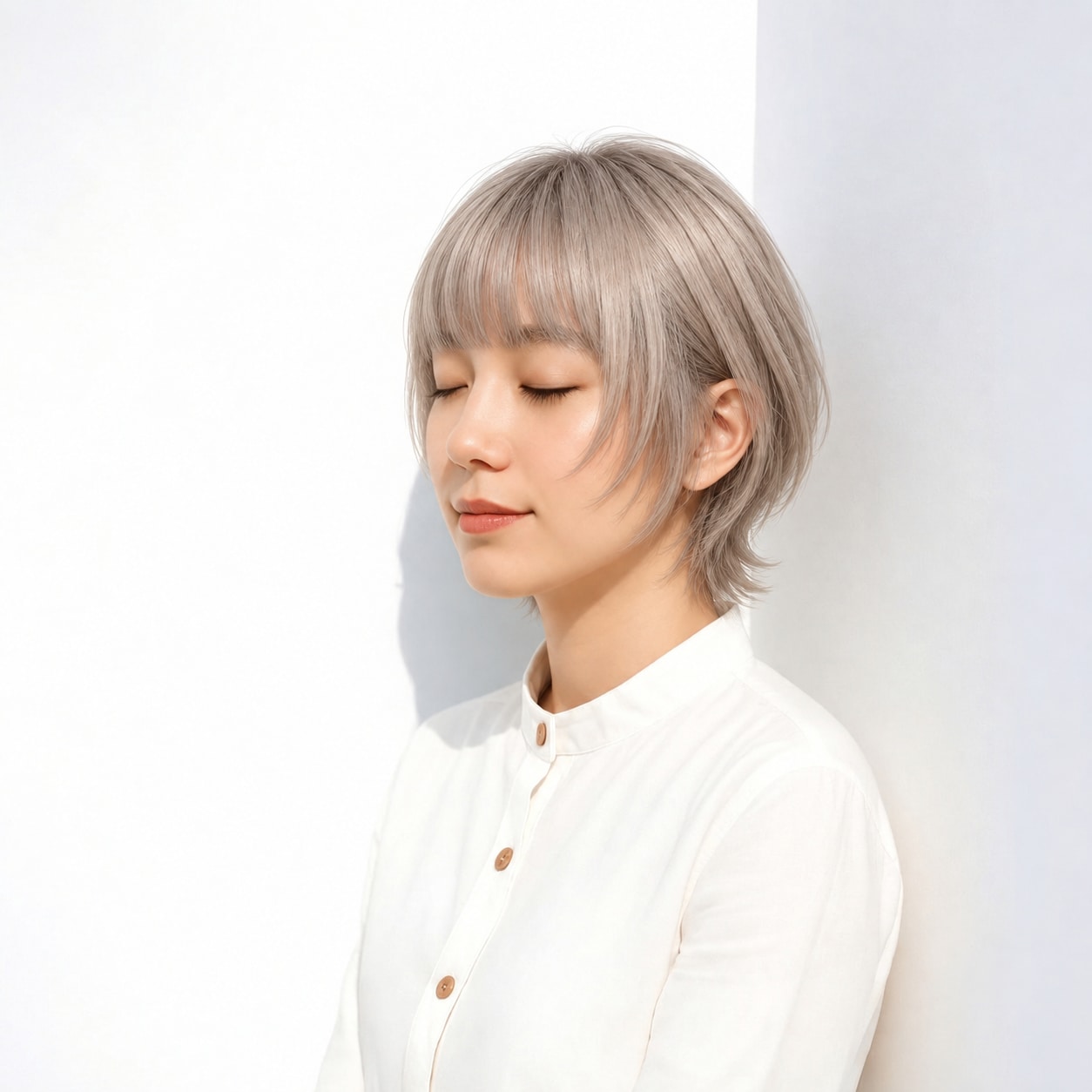 6. クラゲウルフ × ショート × あご下レイヤー：顔まわりは落ち着き、首元だけにウルフの動きを出せます