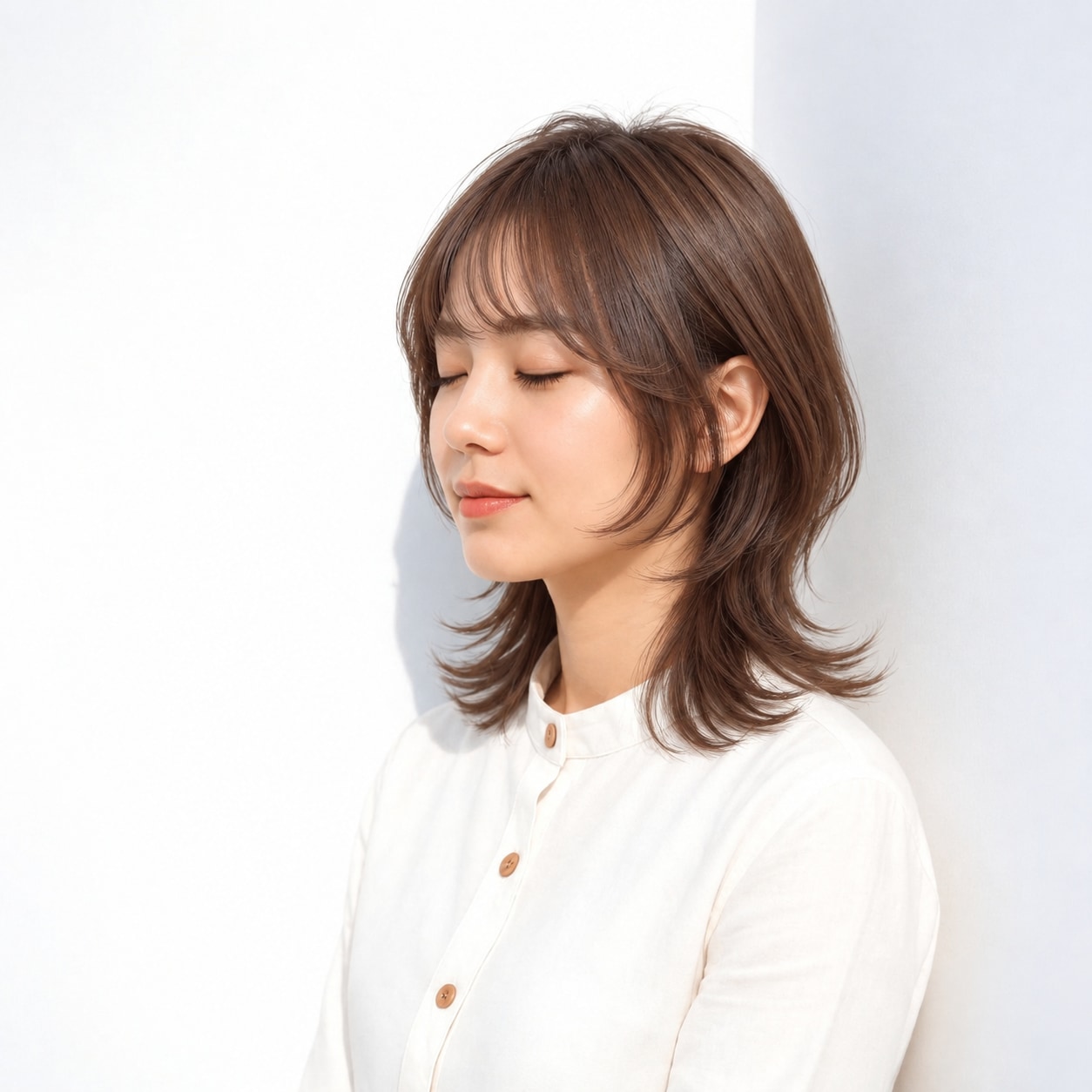 6. クラゲウルフ × ミディアム × あご下から始まる段差：顔まわりは落ち着き、首元だけにウルフの動きを出せます