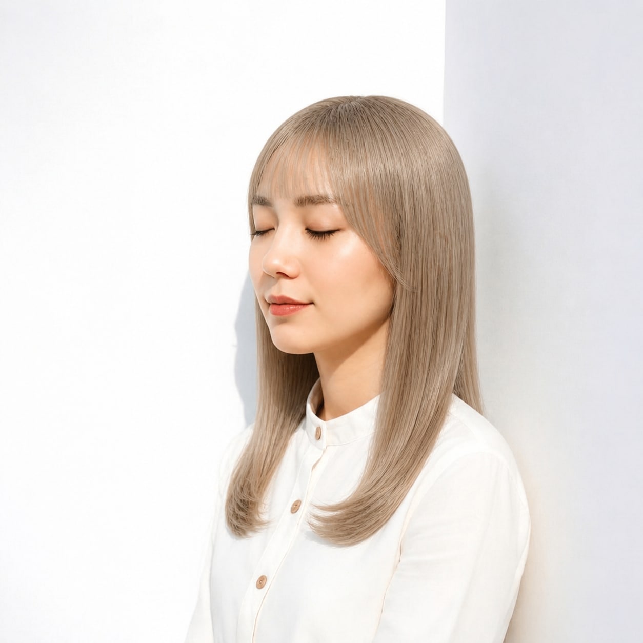 6. ゴールドアッシュ × ストレートミディ：落ち着いたゴールドで端正に