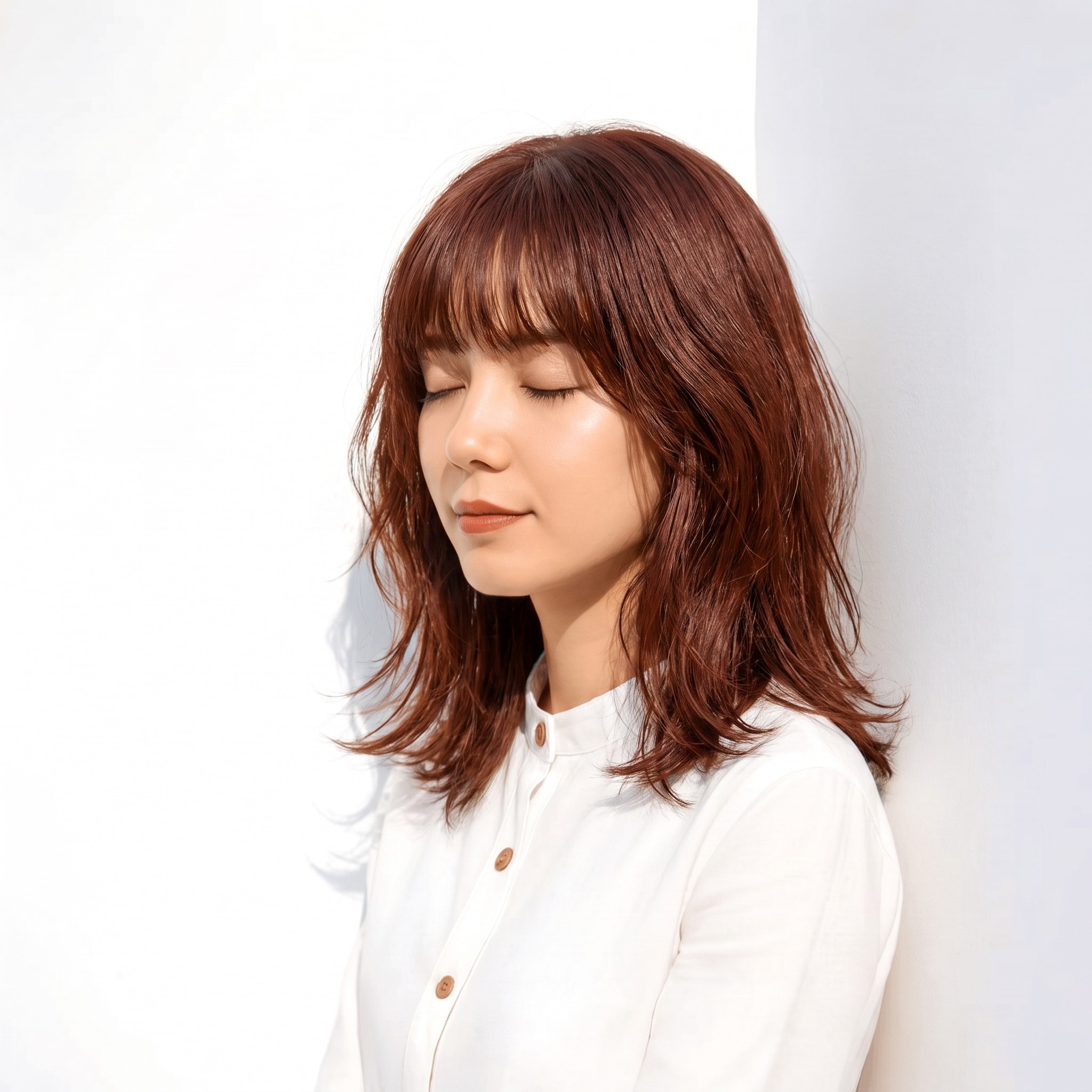 6. ココアブラウン×レイヤーミディアム: 赤みをしっかり含むブラウンで顔まわりが明るい印象になる