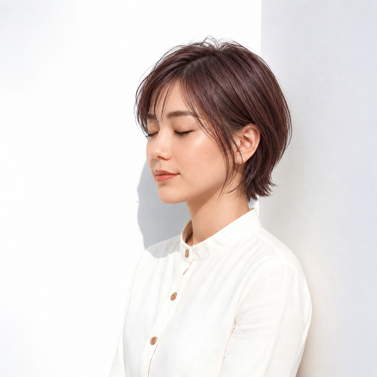 6. ショートウルフ × ボルドーブラウン：襟足の動きで軽快な横顔に