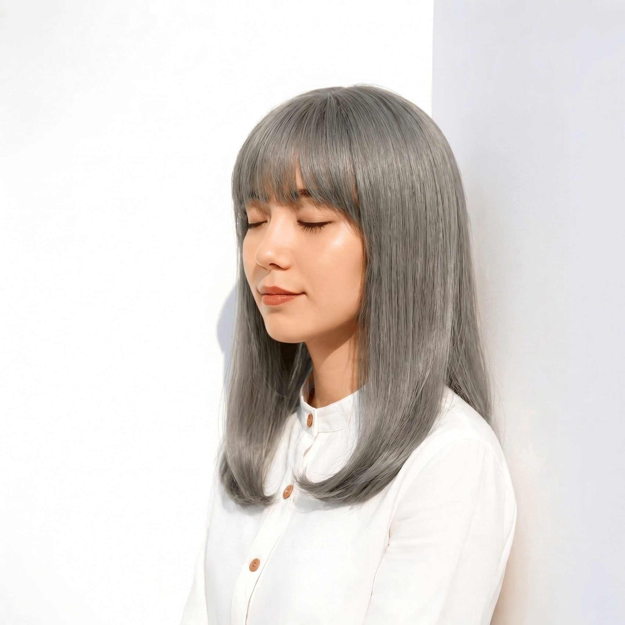 6. シルバーグレー×ミディアムストレート: モノトーンコーデにぴったりのクールな印象