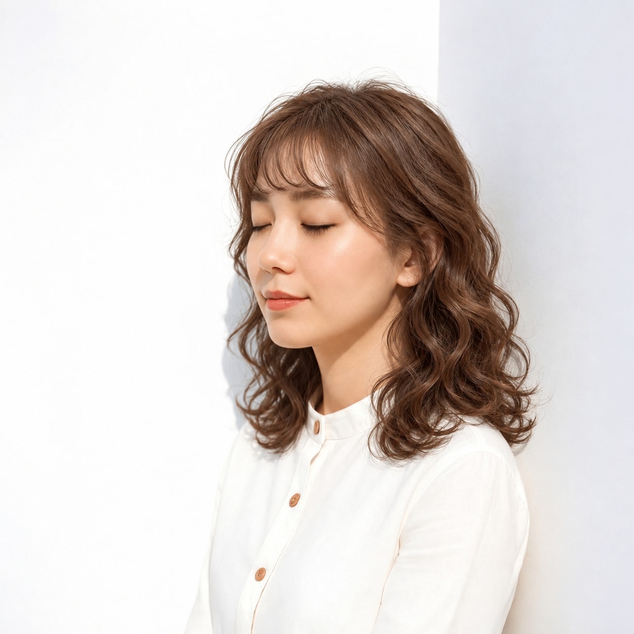 6. セミロングパーマ × 強め × 暗髪パーマ：色を落ち着かせても曲線が見え、立体感を保てます