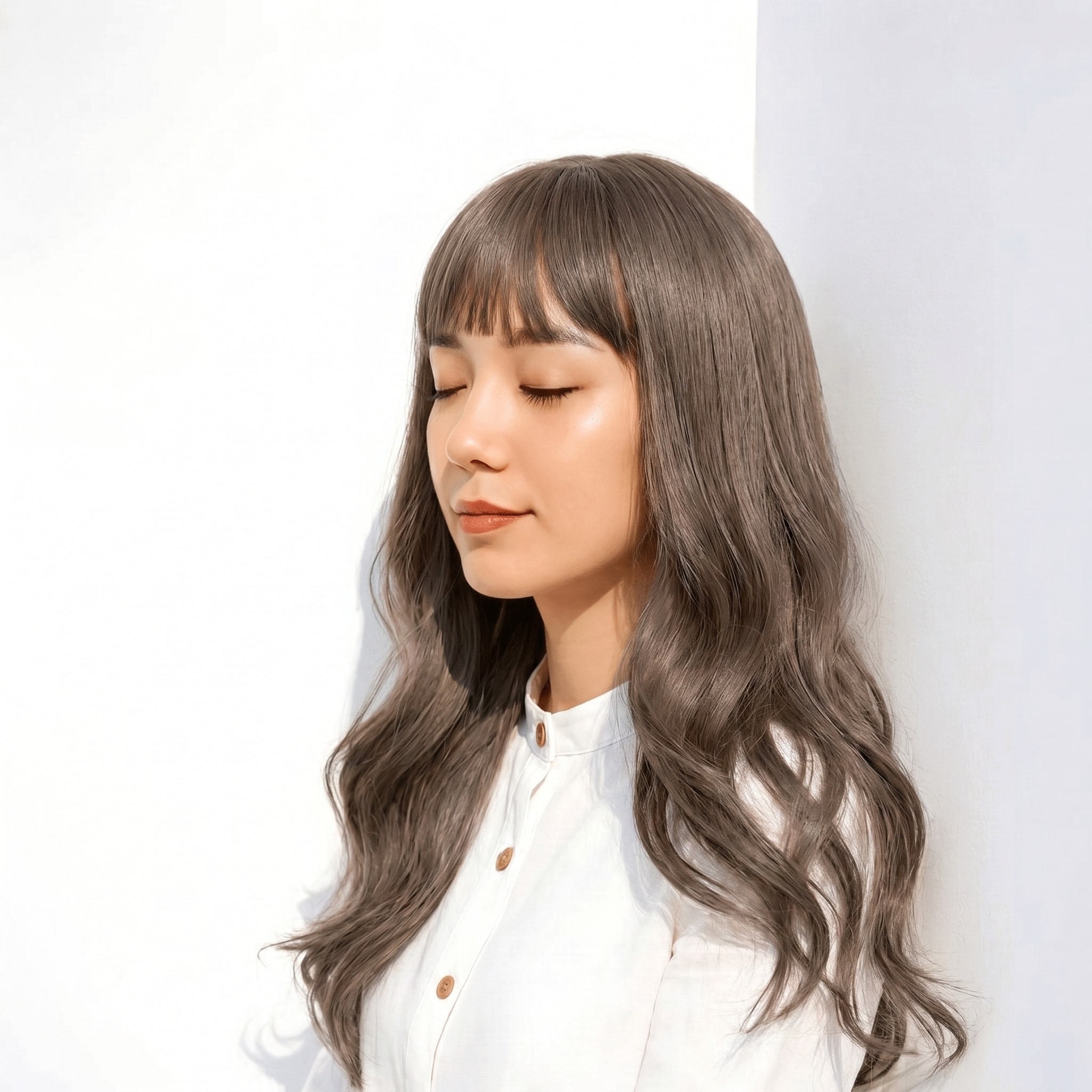 6. ダークグレージュ×フルバング: 赤みを抑えたツヤで洗練された印象に