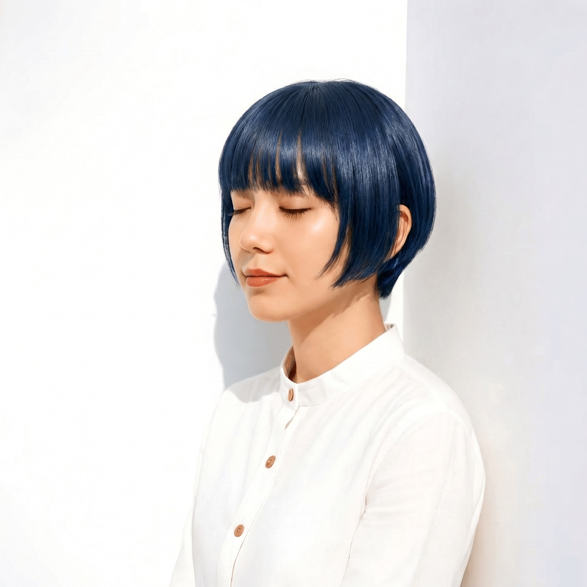 6. ネイビーアッシュ×丸みフォルム×顔まわりレイヤー: バングのニュアンスで可愛さと大人っぽさを両立