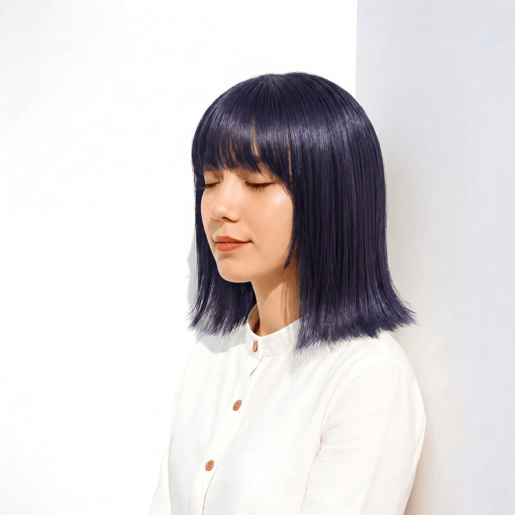 6. パープルグレー×切りっぱなしボブ: 青紫の深みが引き立つモードな印象