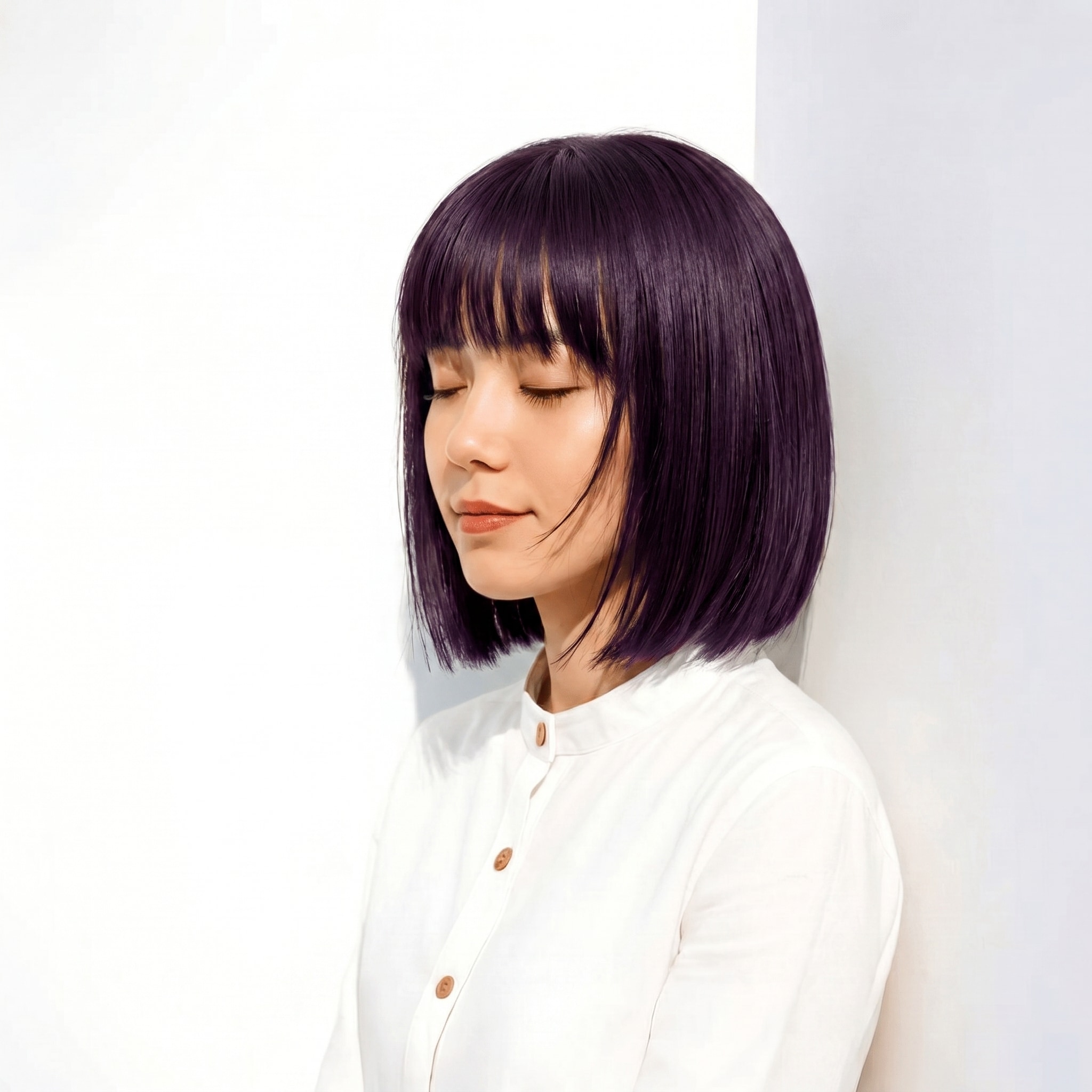6. パープルブラウン×内巻きボブ: モードなツヤで、シンプルな髪型も凛と見せる