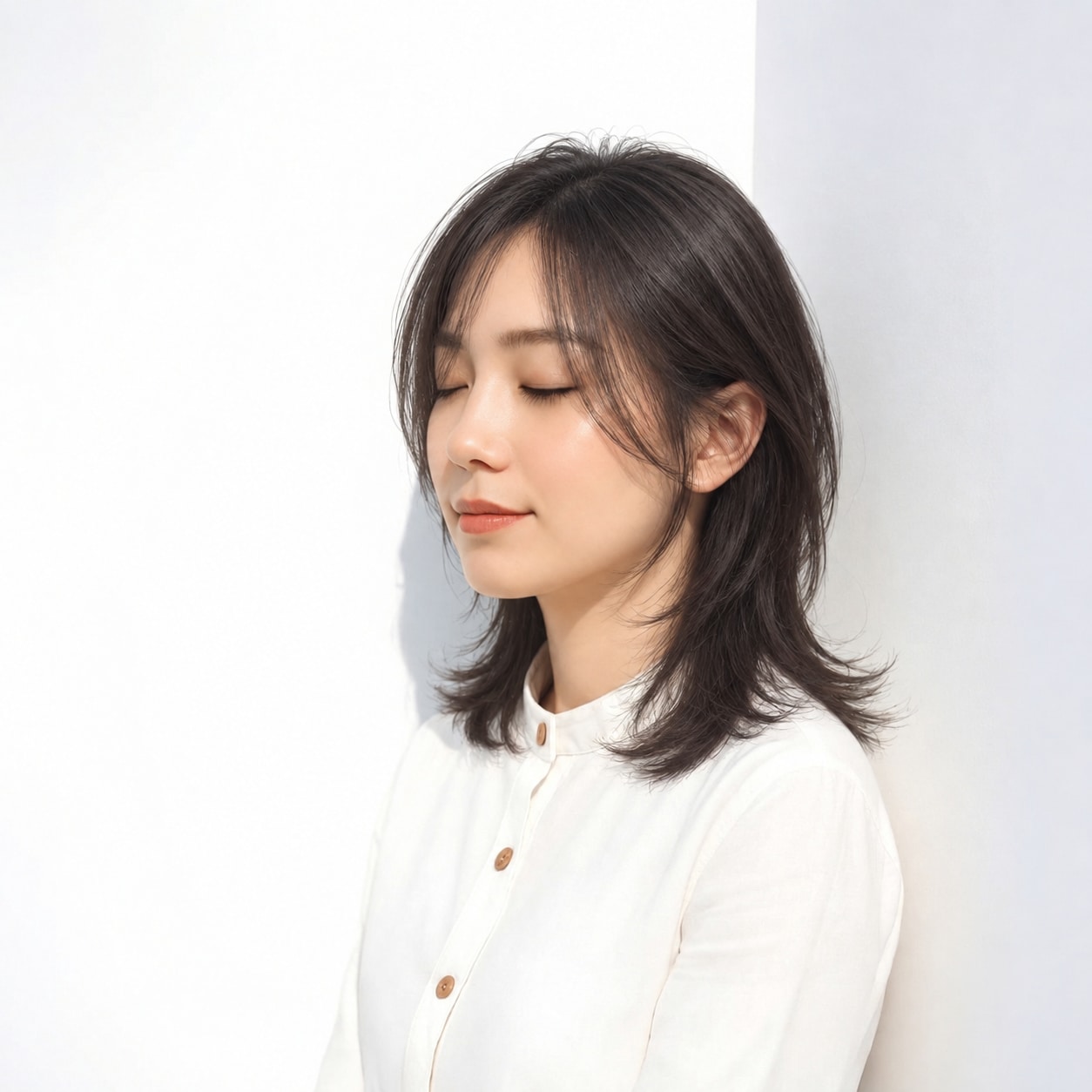 6. ハッシュカット × ミディアム × あご下レイヤー：顔まわりは落ち着き、首元だけにウルフの動きを出せます