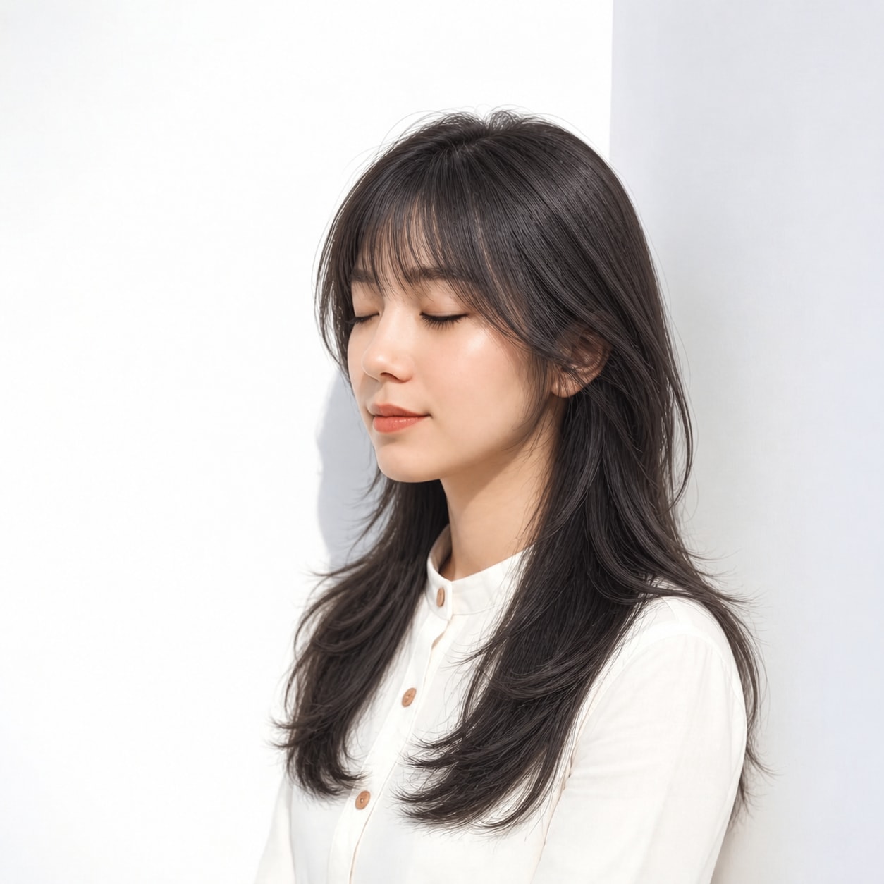 6. ハッシュカット × ロング × あご下から始まる段差：顔まわりは落ち着き、首元だけにウルフの動きを出せます