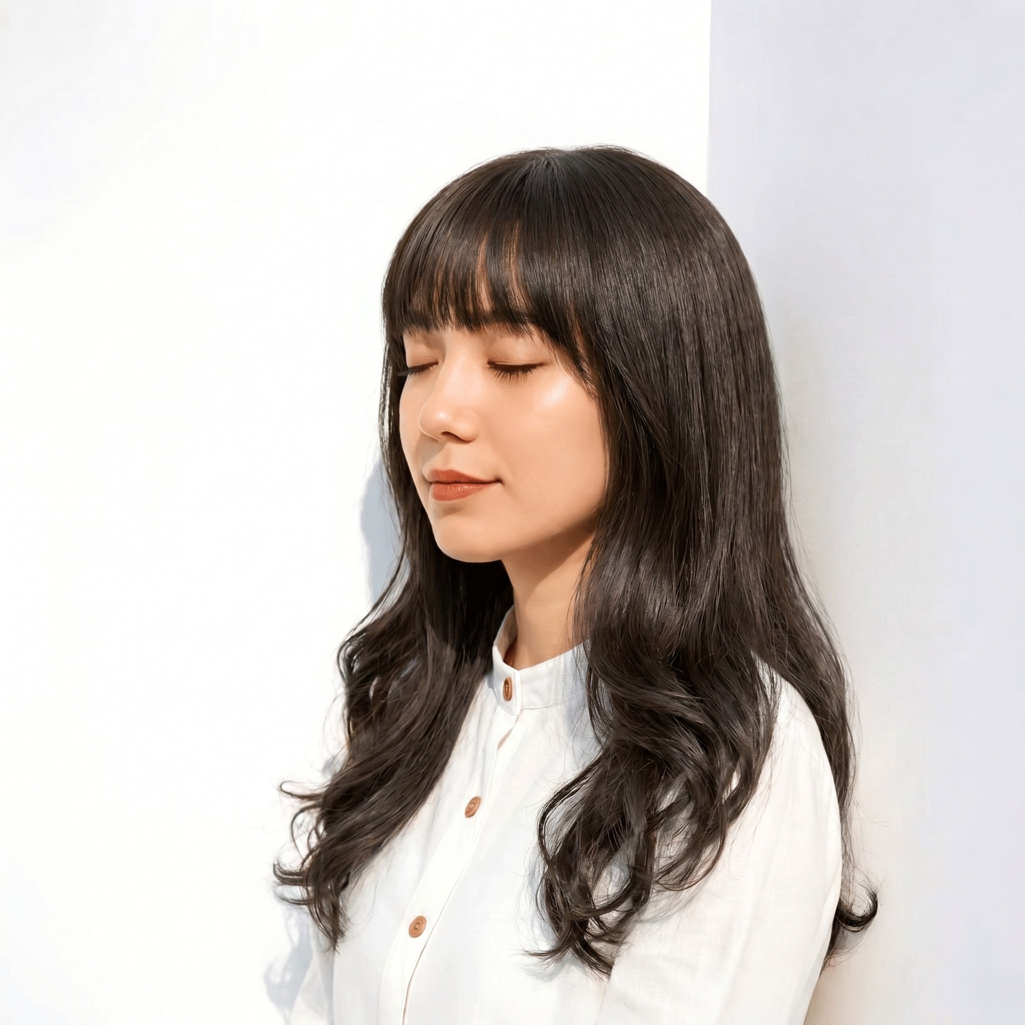 6. ブリーチなしグレーアッシュ×ミディアムロング: 厚めフルバングで大人っぽい印象に