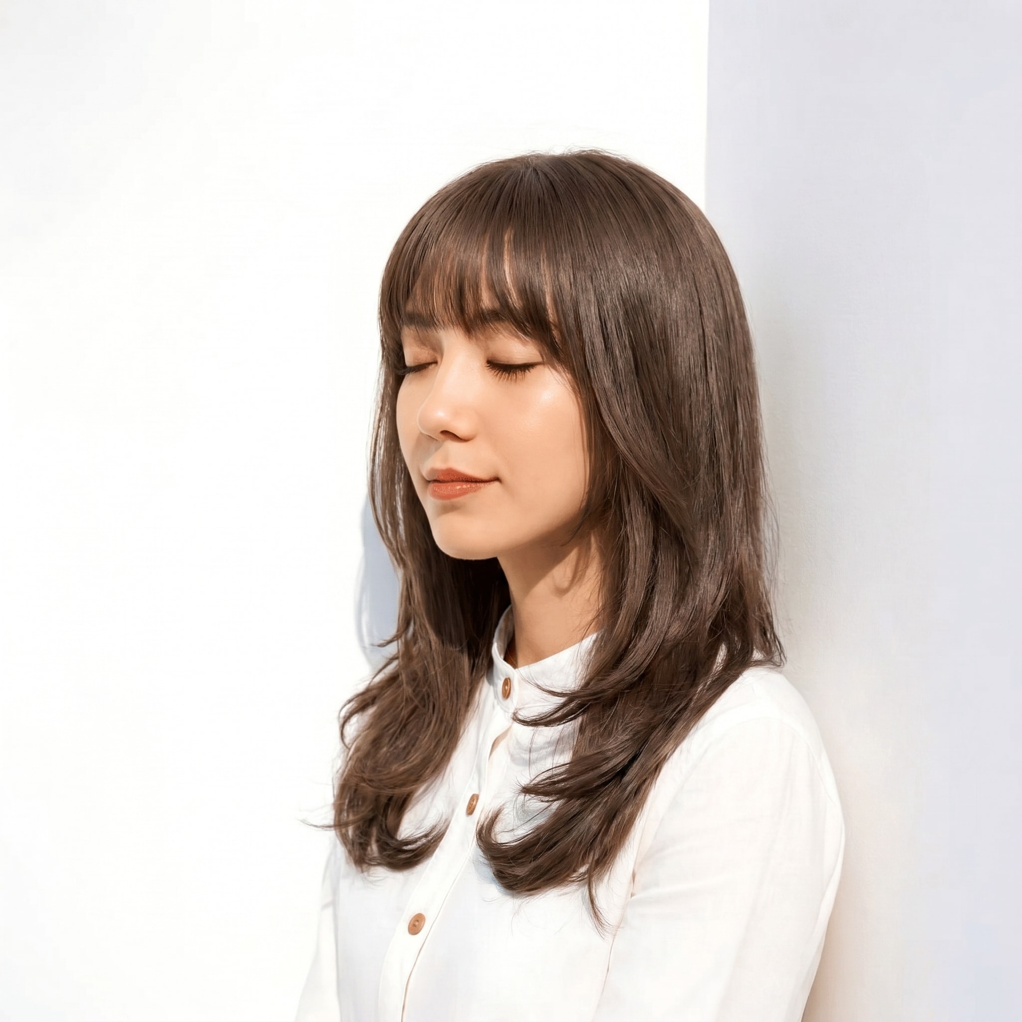 6. ブリーチなしグレージュ×レイヤーカット: 内巻きと外向きの動きで軽やかさを演出