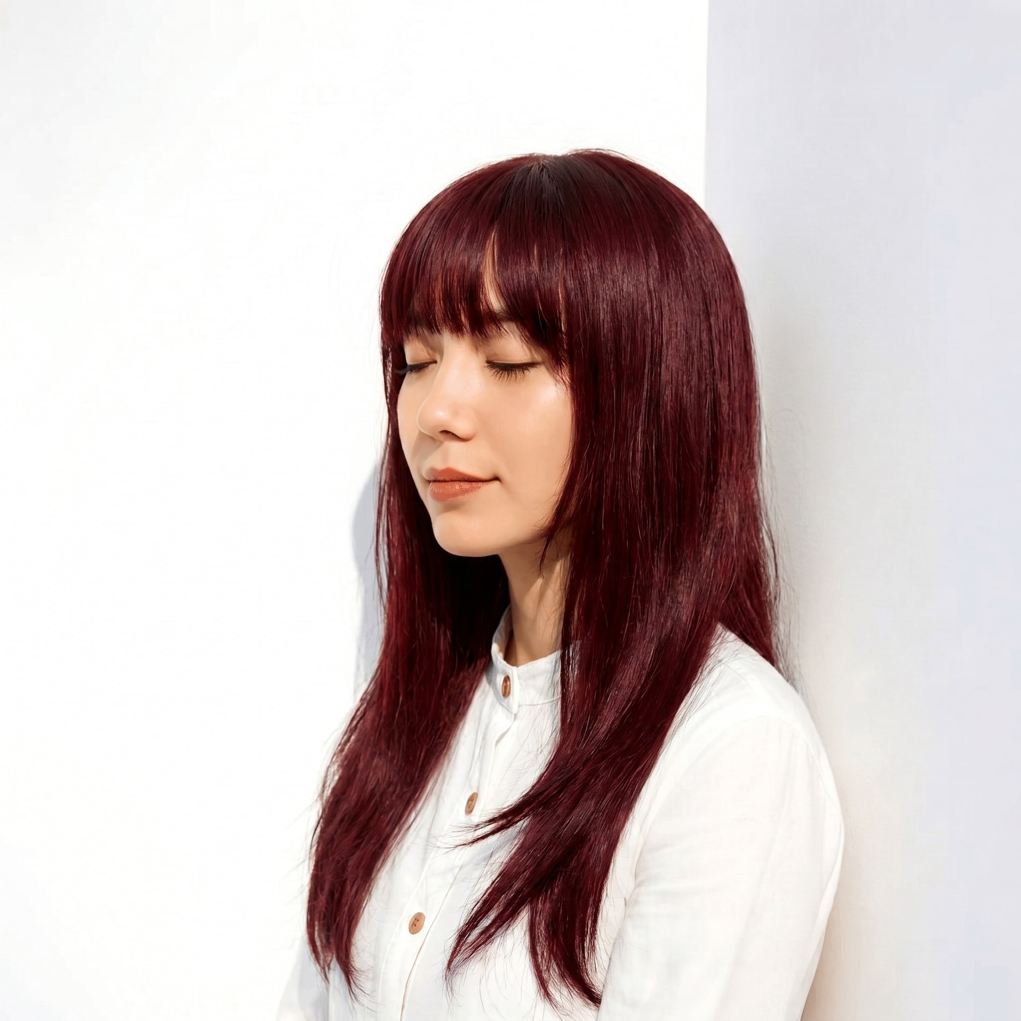 6. ブリーチなしピンク×ストレート: 青みを含む発色でツヤを引き出すロングスタイル