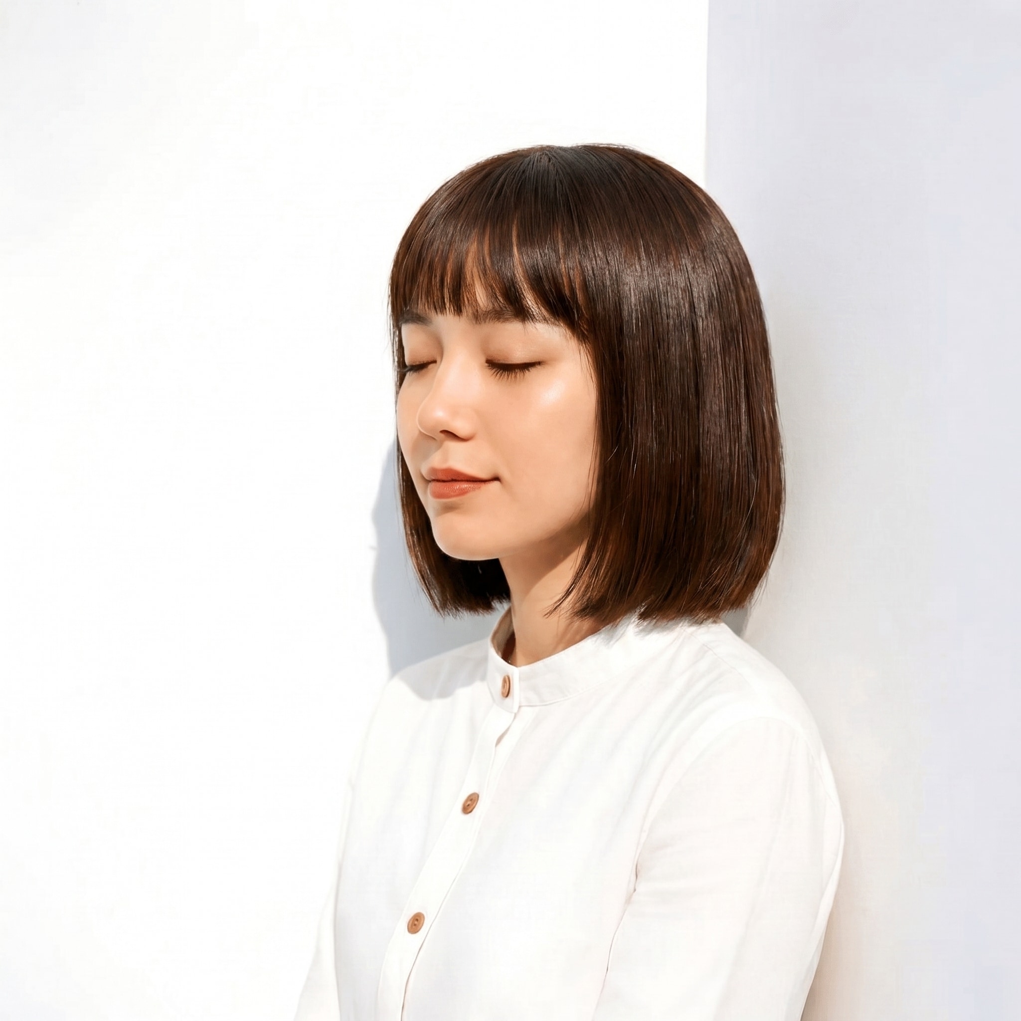 6. ブリーチなしピンクベージュ×ワンレンボブ: 落ち着きとかわいさを両立するストレートスタイル