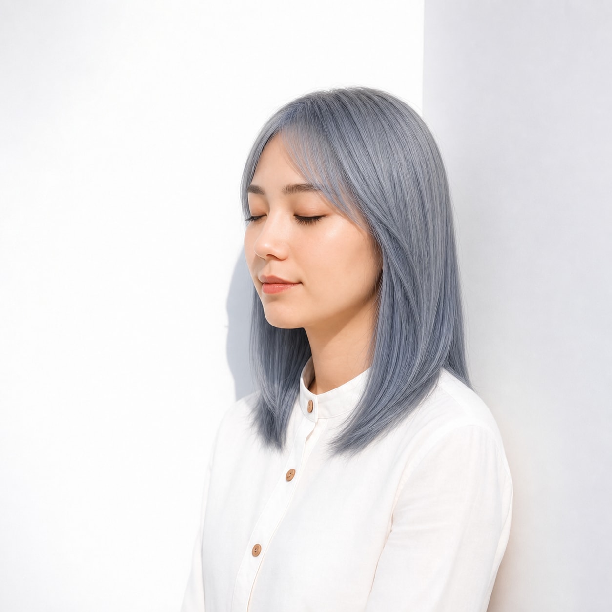 6. ブルーグレージュ×ストレートボブ: 暗めの青みで毛先の動きが軽い印象になる