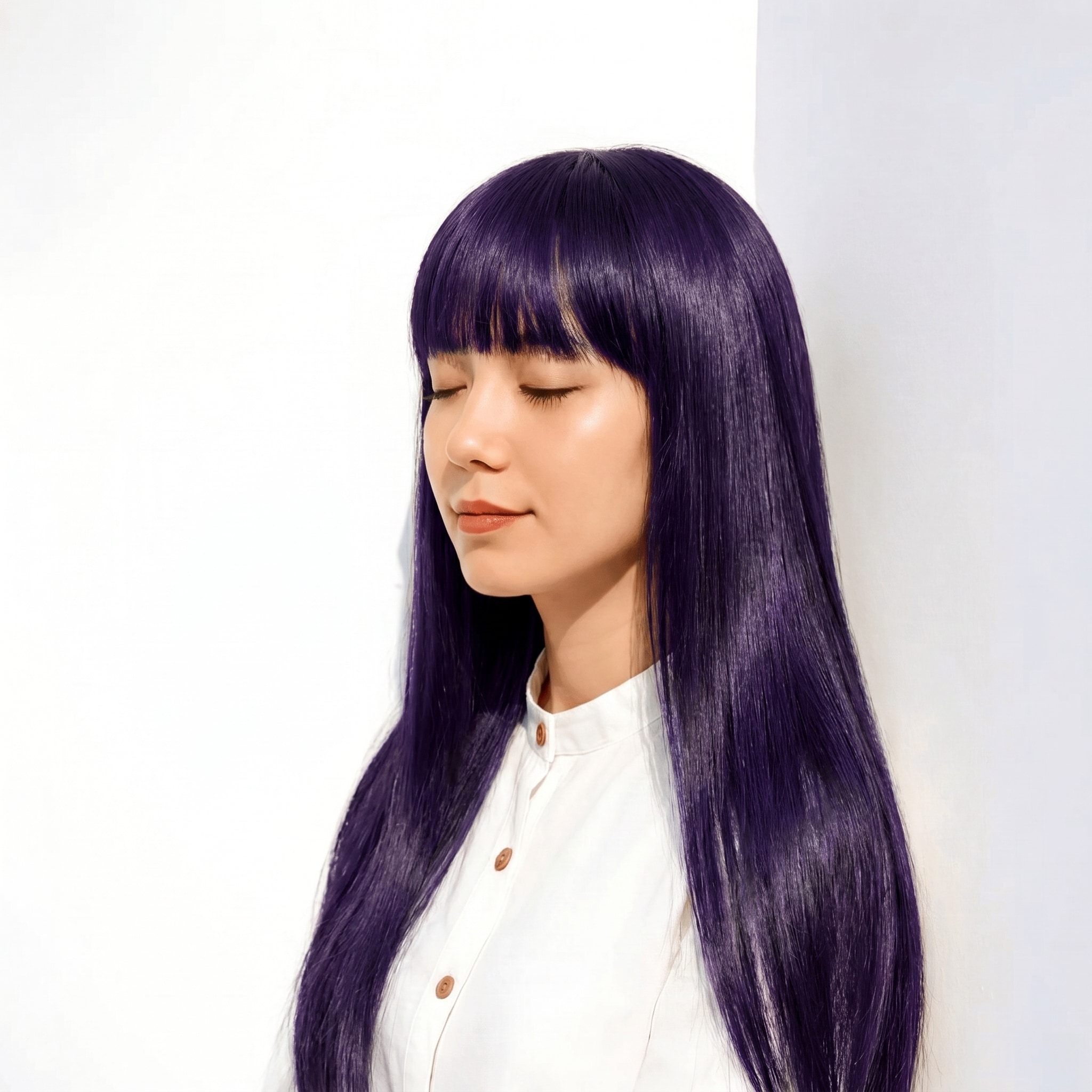 6. ブルーバイオレット×ストレートロング: モードなツヤで、シンプルな髪型も凛と見せる