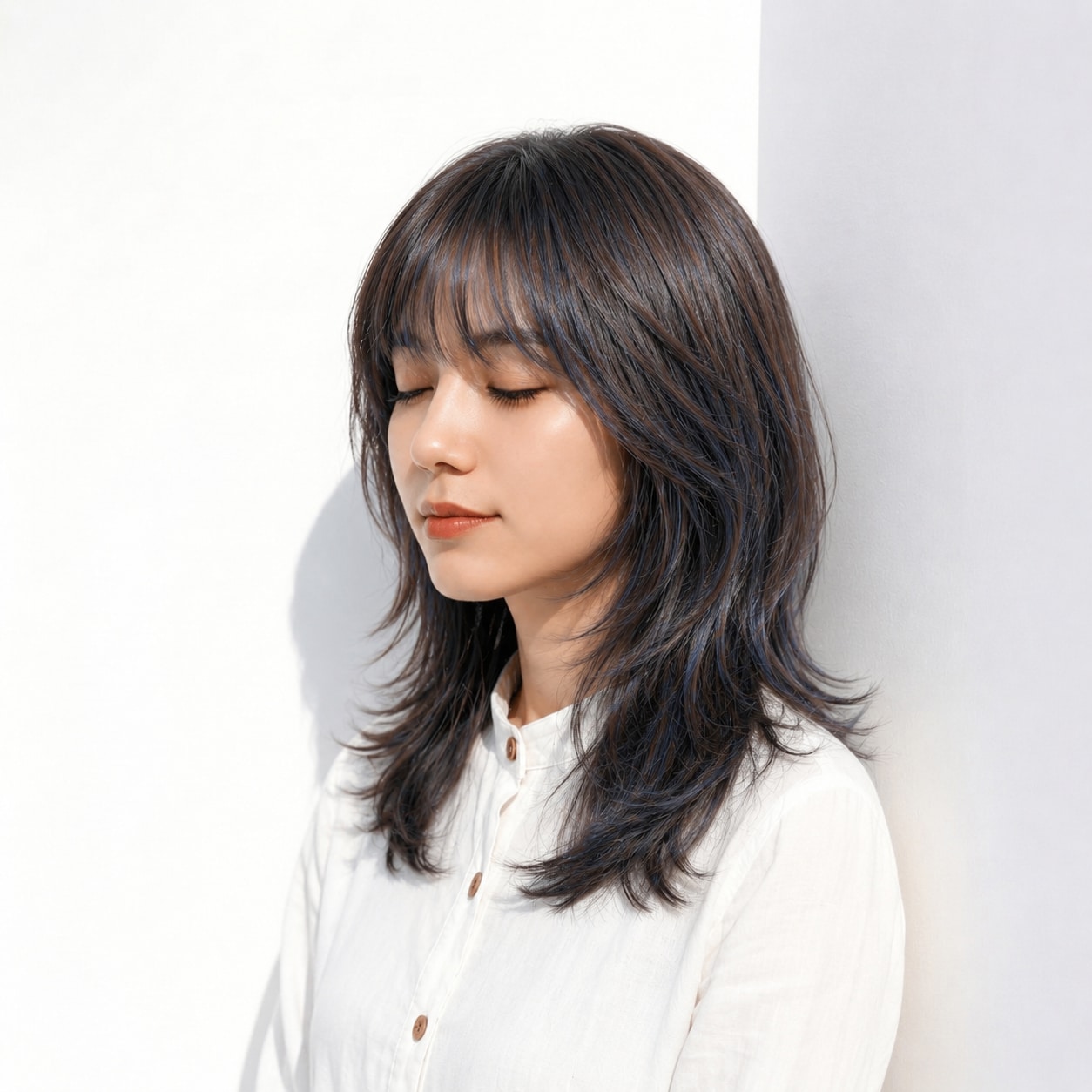 6. ブルーブラウン×透け感: 赤みを抑えた涼しげなミディアムスタイル
