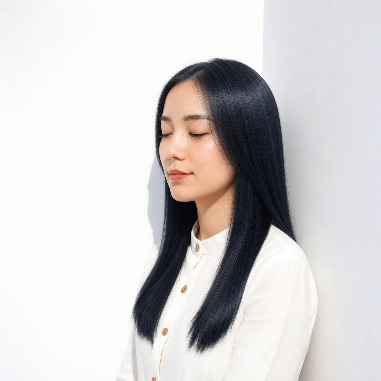 6. ブルーブラック×ブリーチなし×ストレートロング: 暗髪に青みを含み黒髪よりクールな印象になる