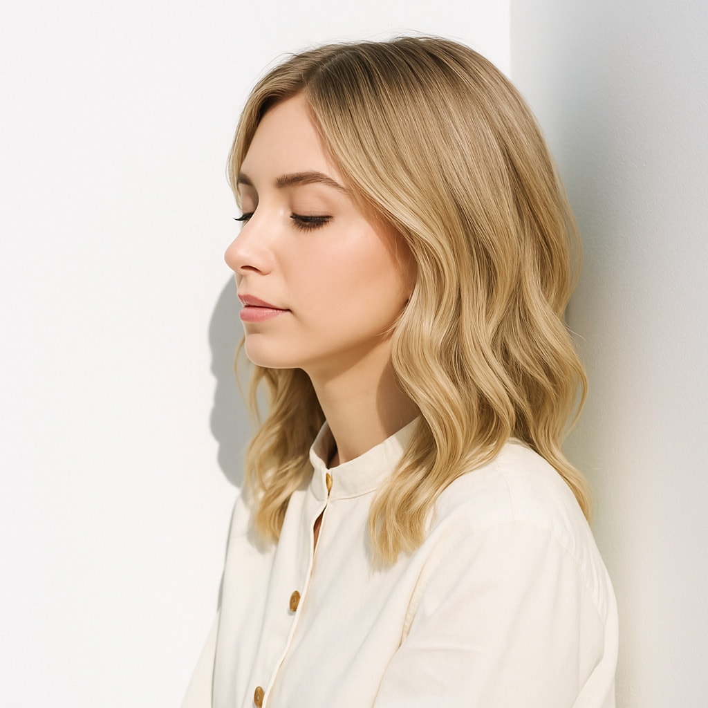 6. ブロンドベージュ×ミディアムウェーブ：上品なツヤで顔まわりを明るく