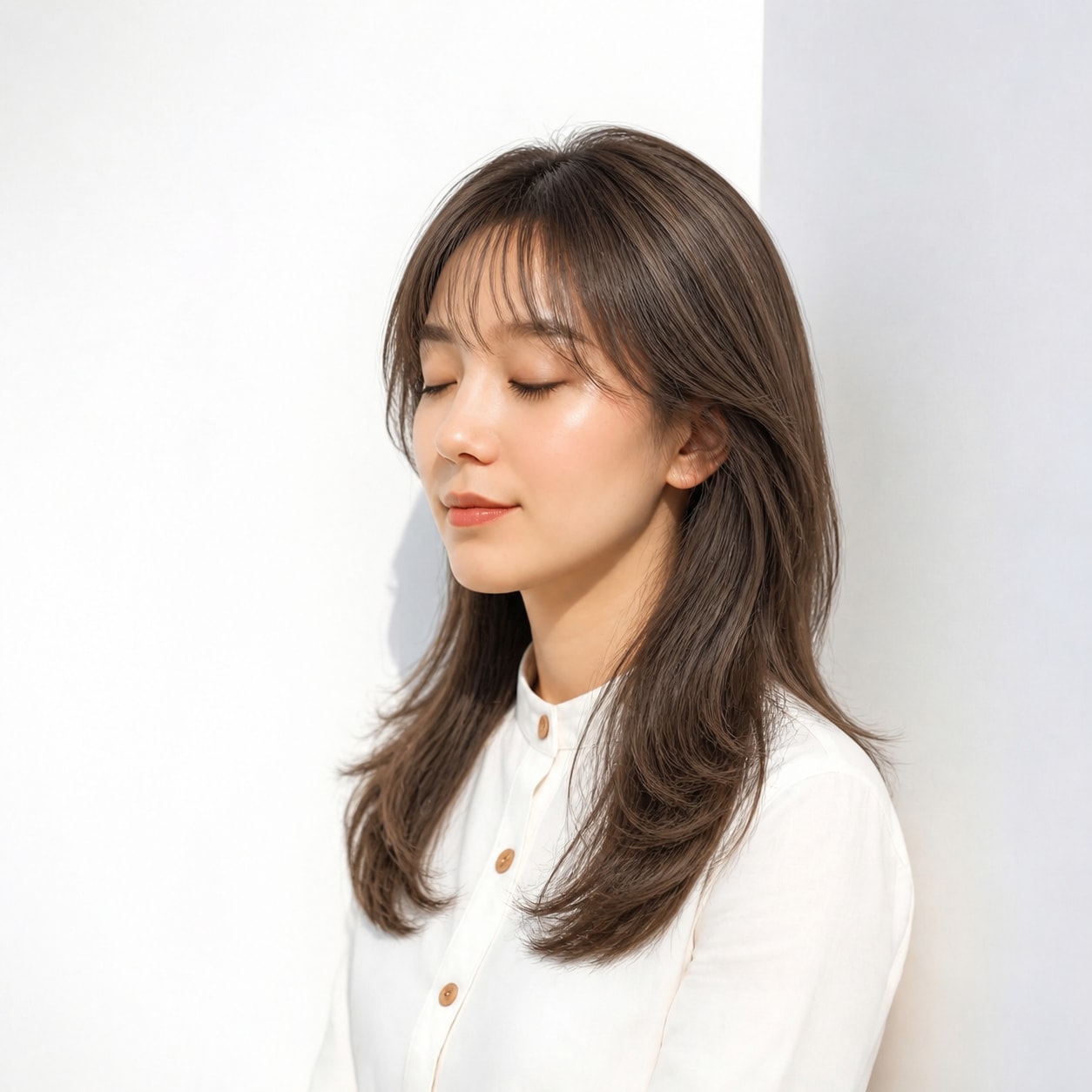 6. フレンチバング × ロングレイヤー：毛先にやわらかな動きを
